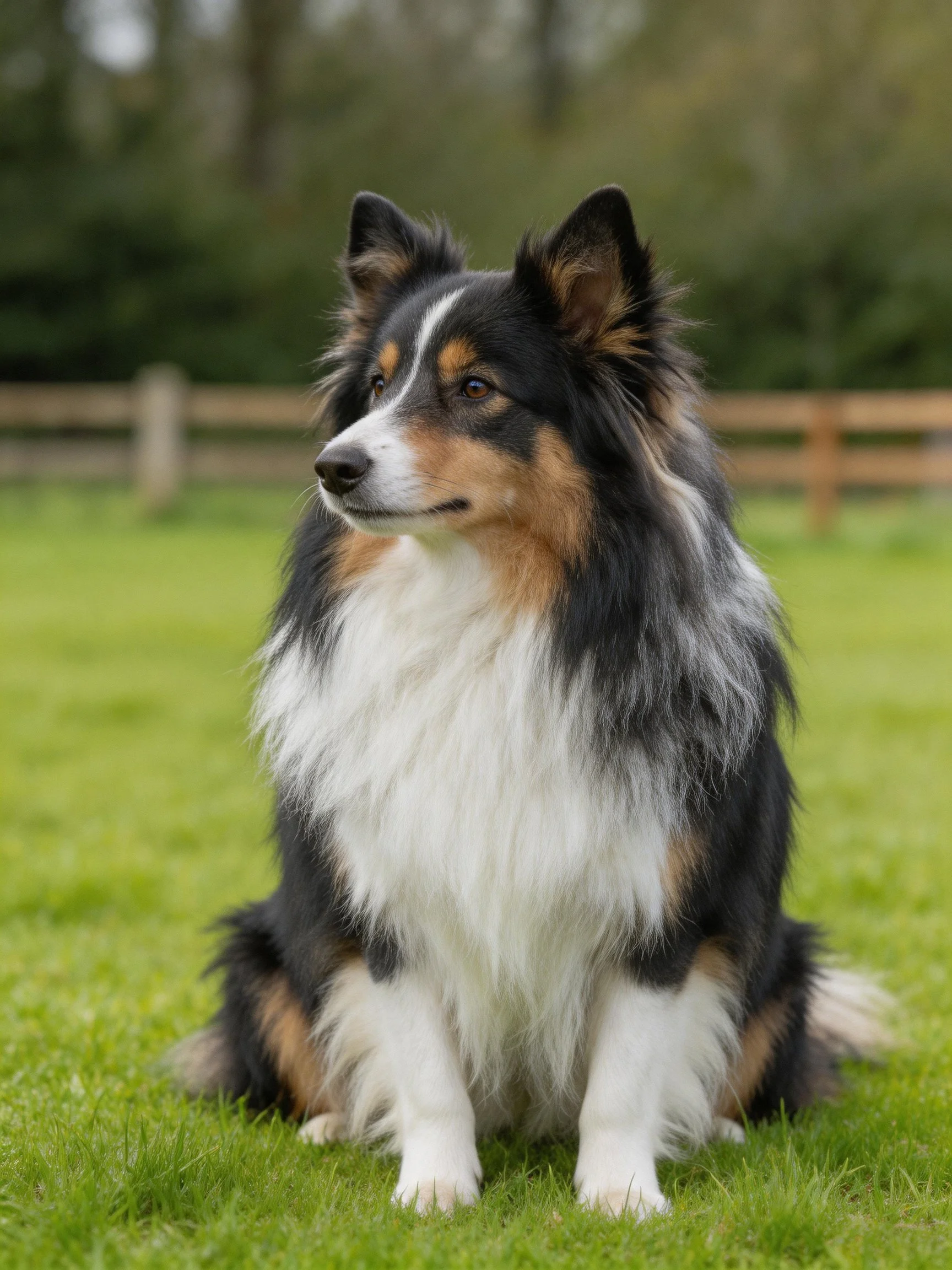 A tricolor Sheltie sits on a green lawn with a wooden fence and trees