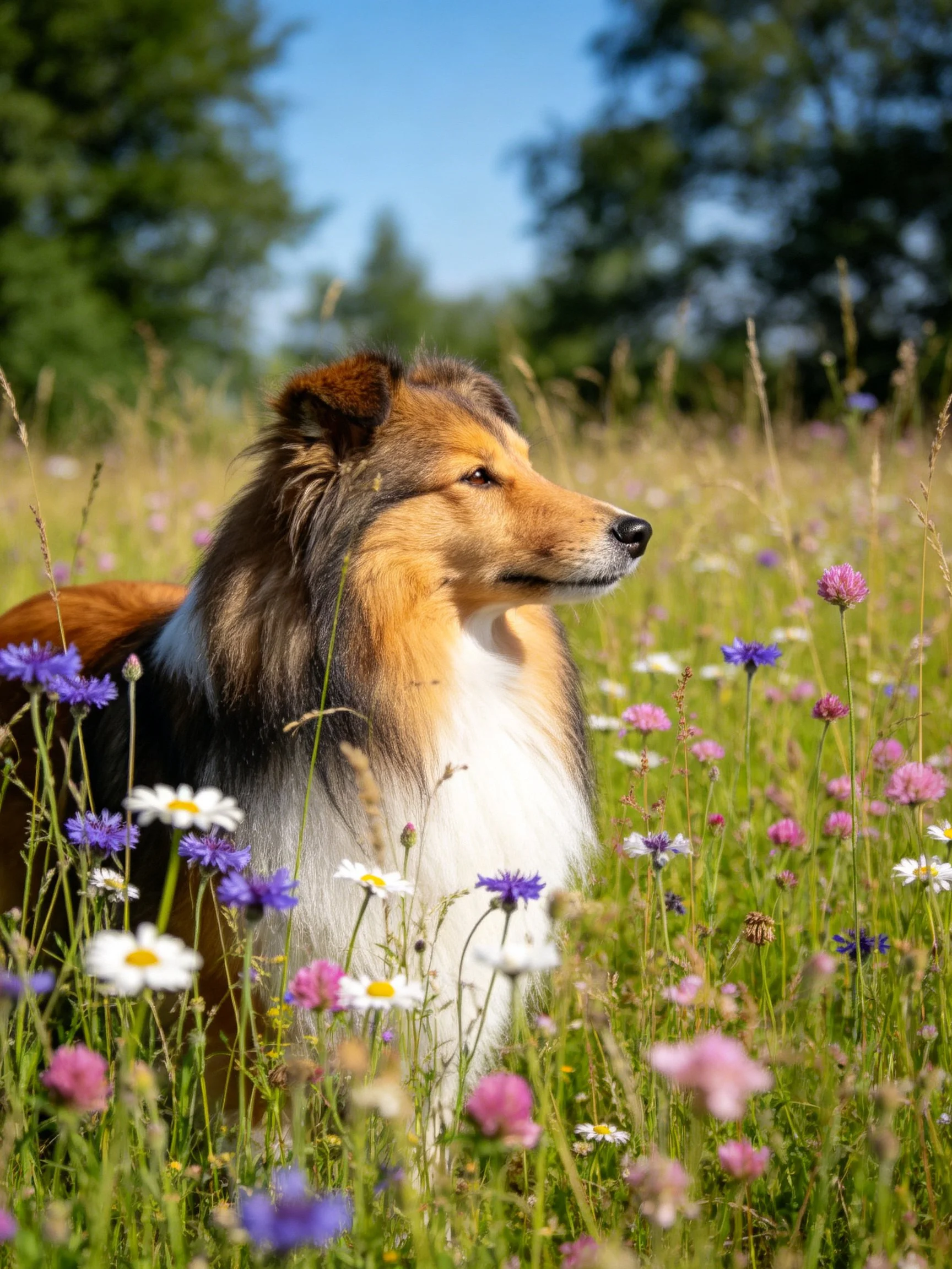 Tricolor Sheltie in sunlit meadow with colorful wildflowers