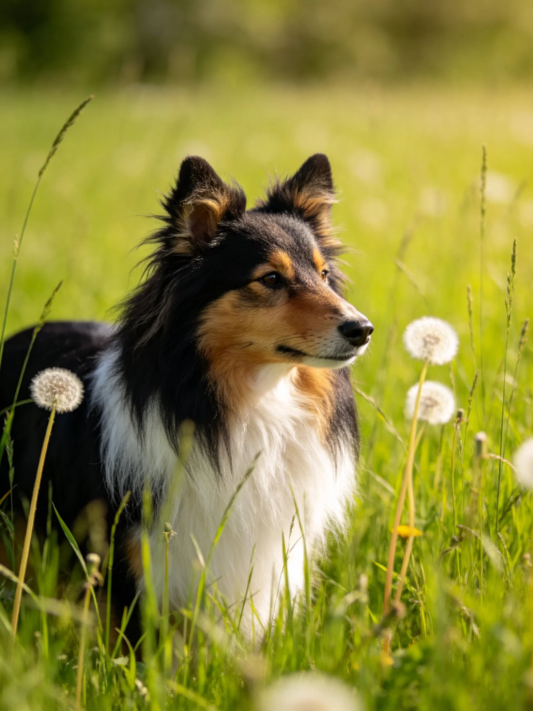 Tricolor Sheltie in sunlit meadow with dandelions
