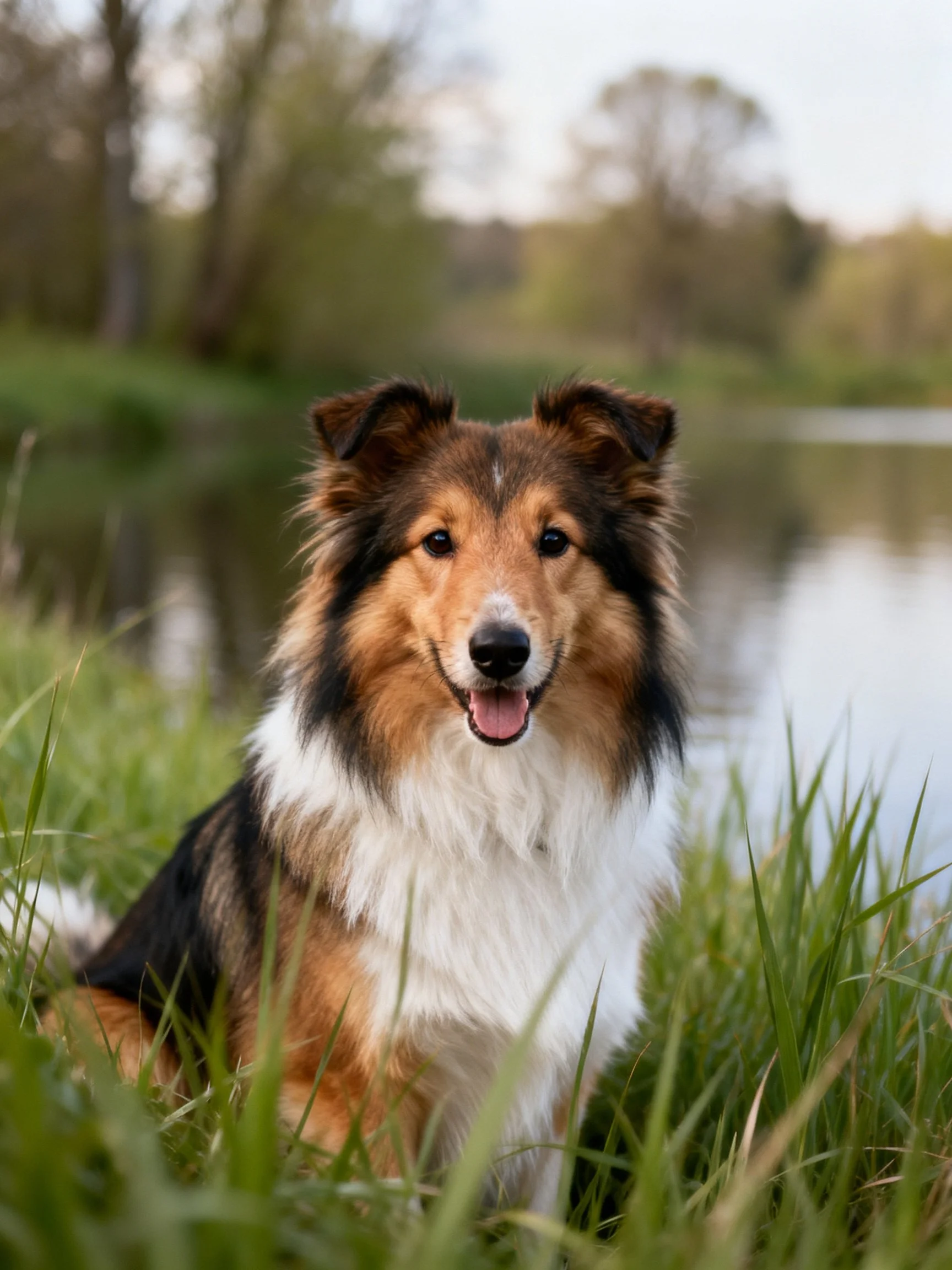 Tricolor Sheltie resting in lush green grass by a calm waterway
