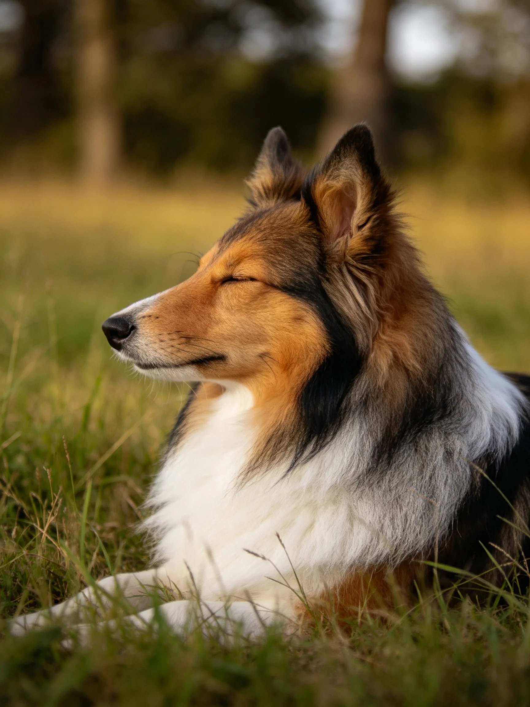 Tricolor Sheltie resting in sunlit grassy area