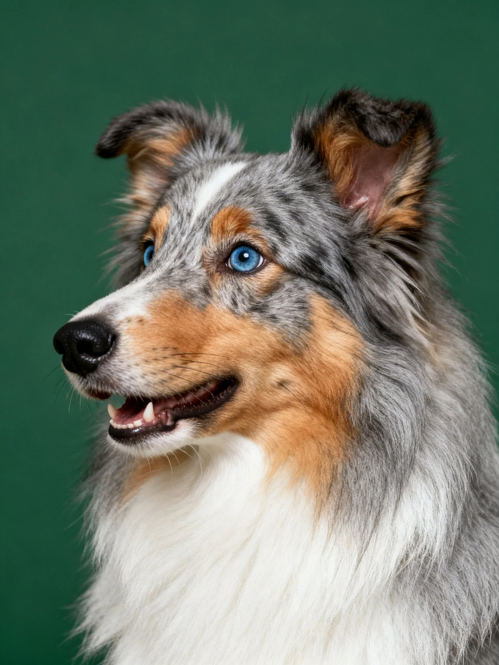 A tricolor Sheltie with blue eyes poses against a solid green backdrop.