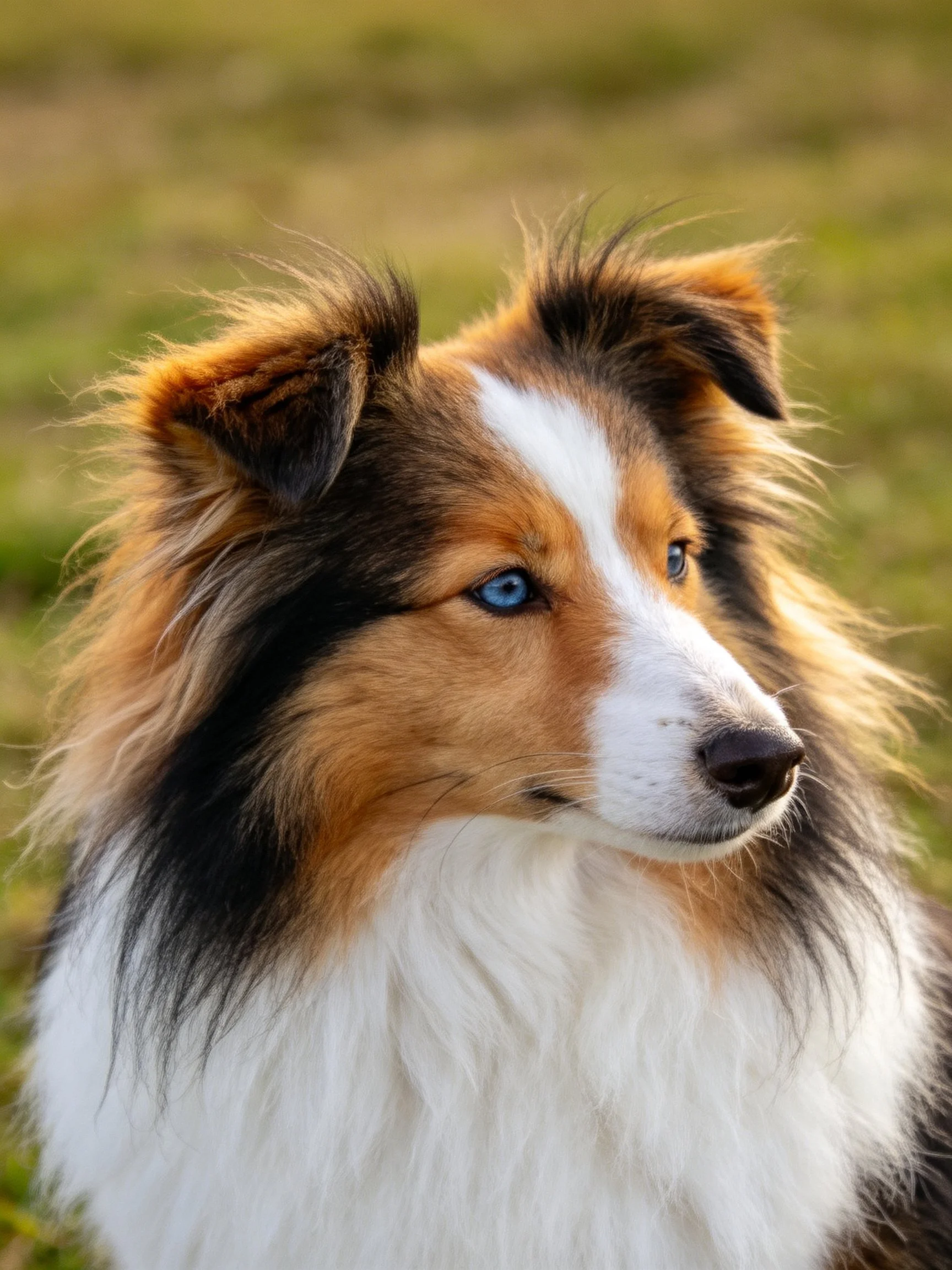 Tricolor Sheltie with blue eyes on grassy terrain