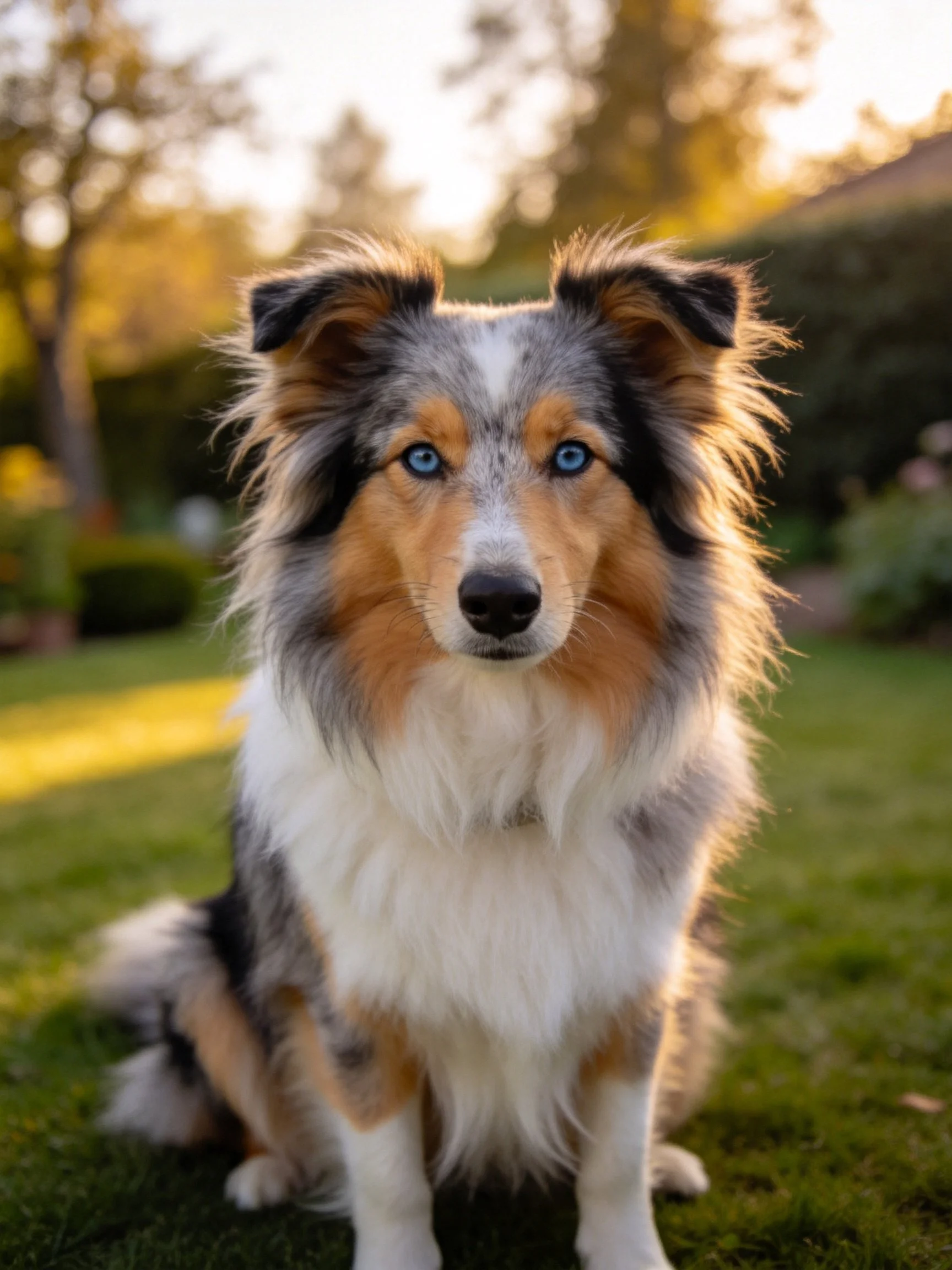 Tricolor Sheltie with bright blue eyes sits on sunlit lawn
