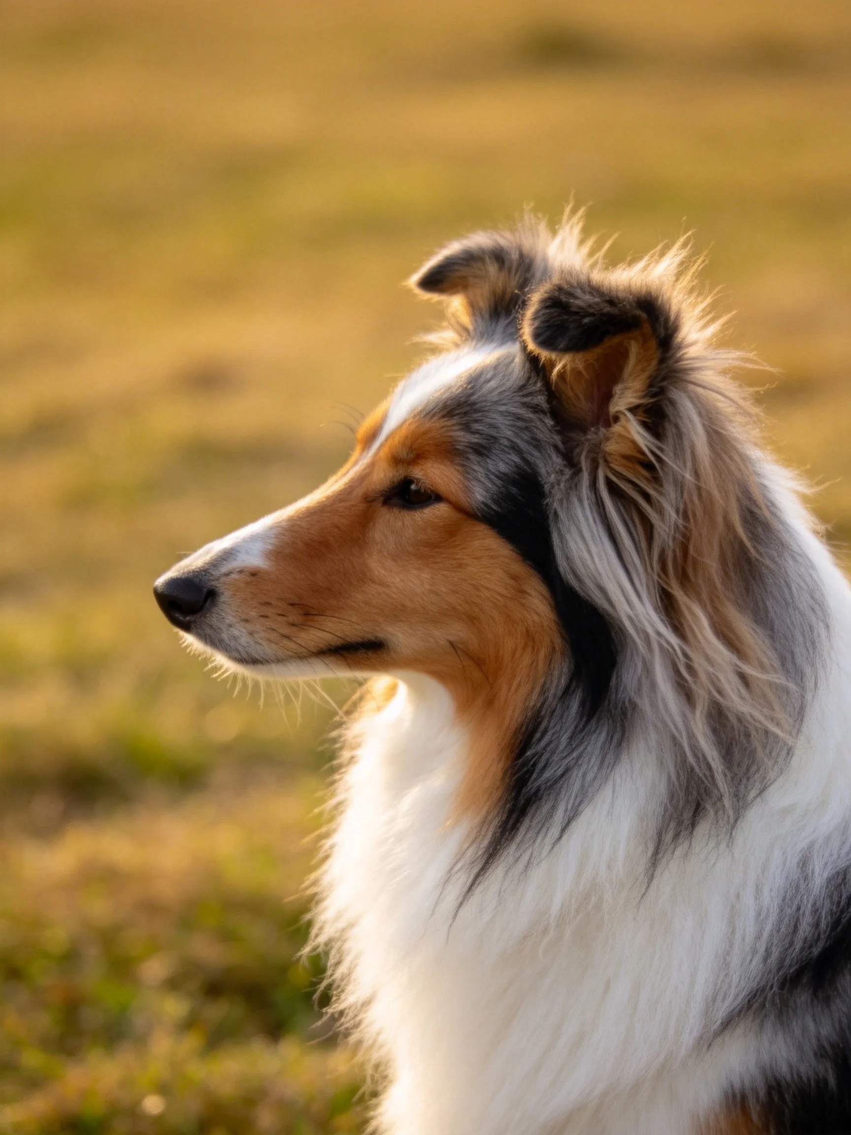 Tricolor Sheltie with flowing fur in a sunlit meadow