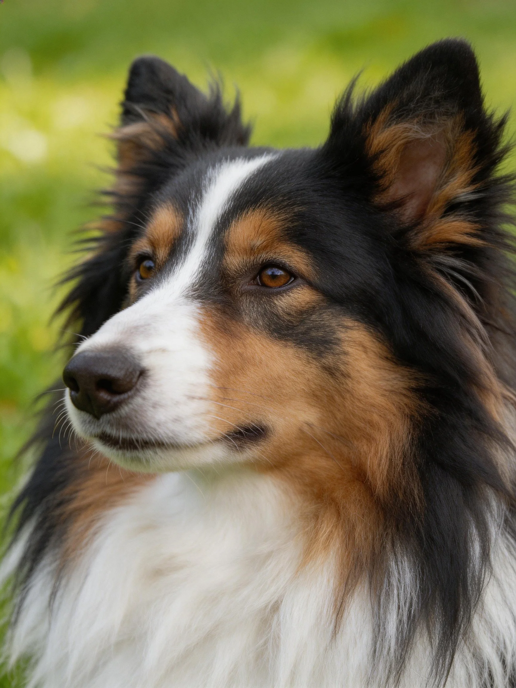 Tricolor Sheltie with long, fluffy fur and alert expression