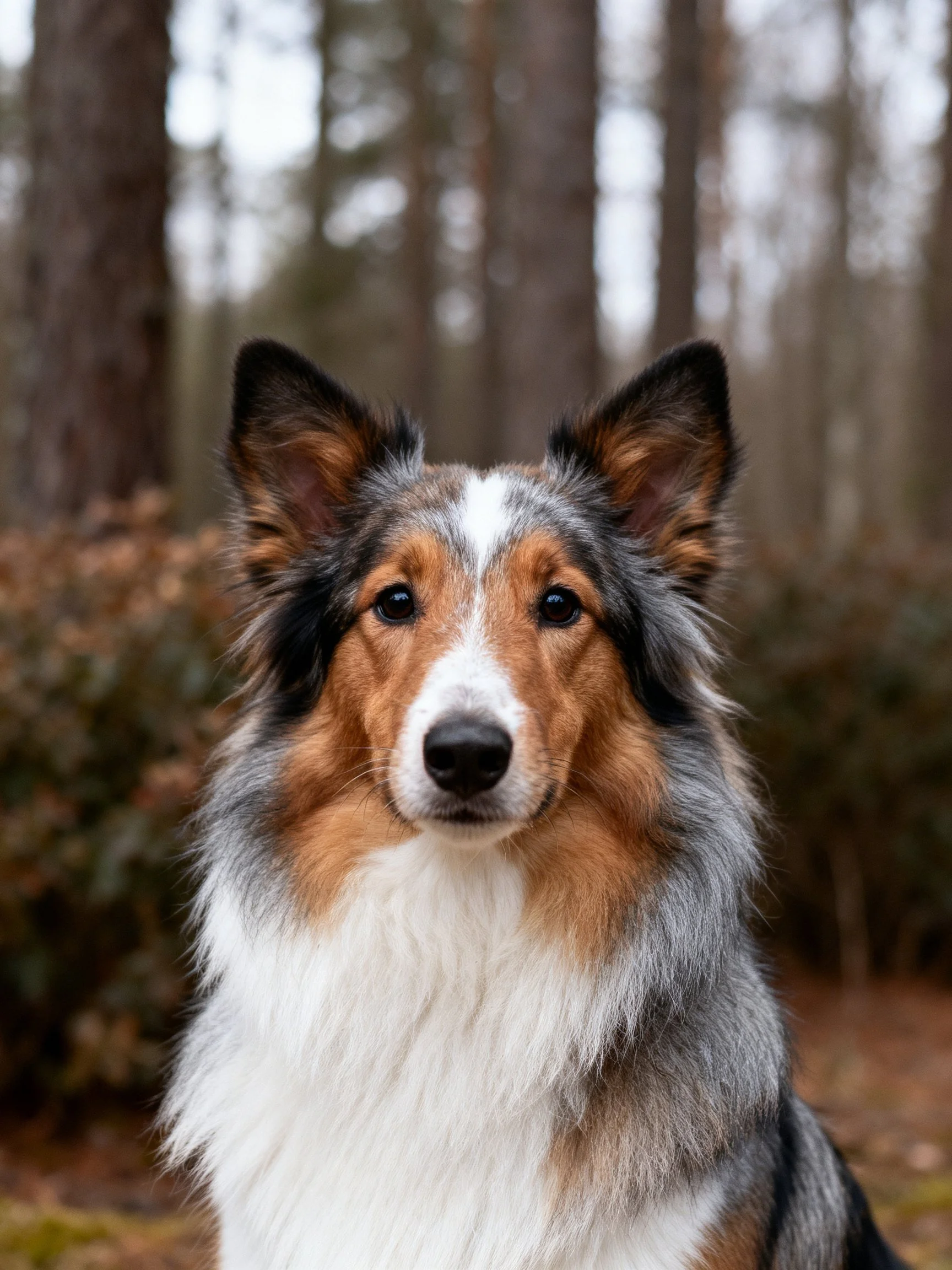 Tricolor Shetland Sheepdog in a forested natural setting