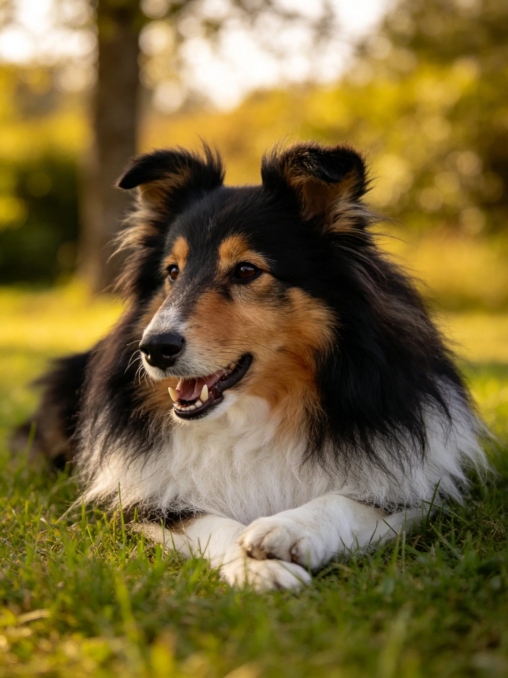 A tricolor Shetland Sheepdog relaxes on grass in a sunlit outdoor setting.