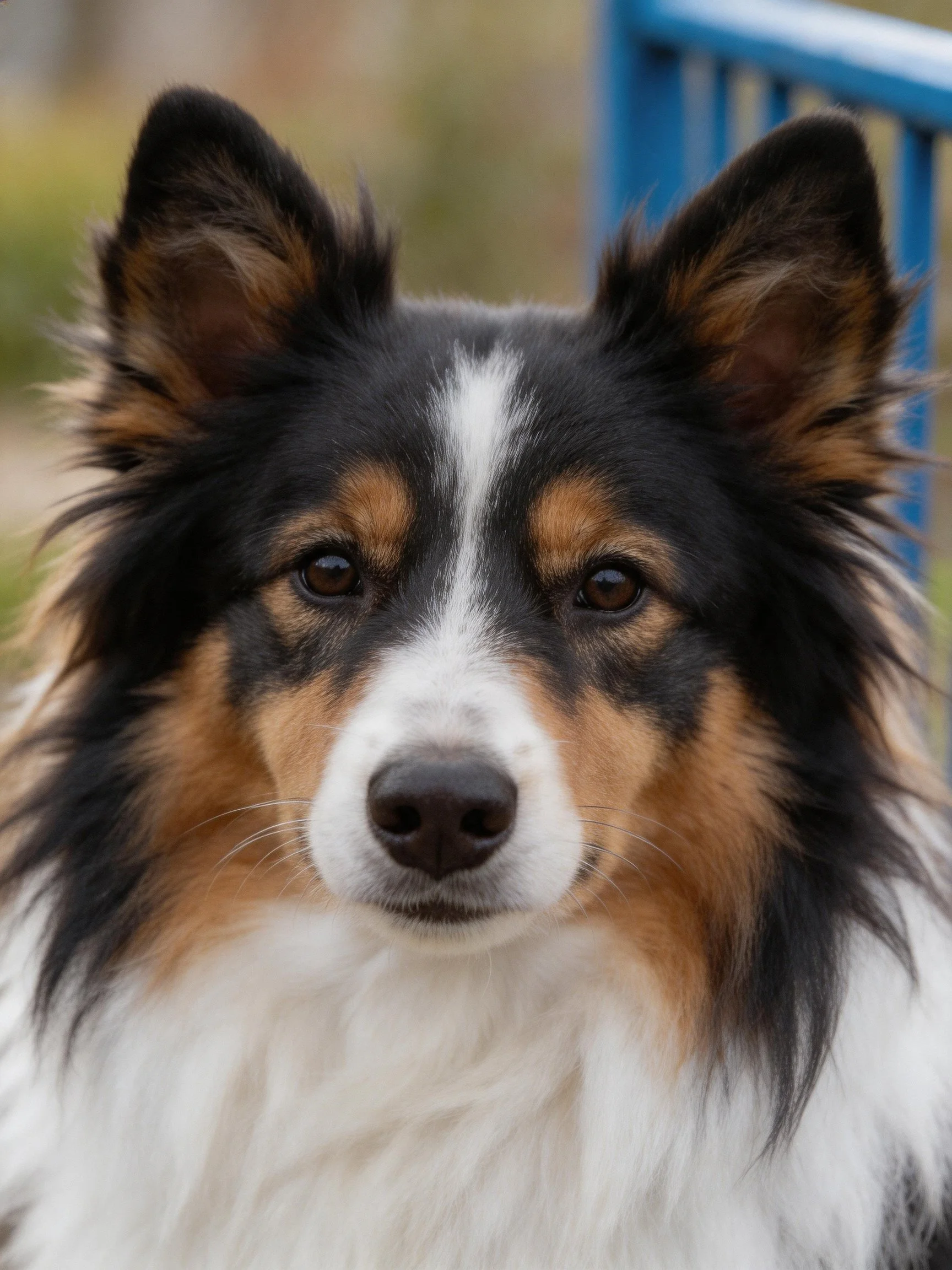 Tricolor Shetland Sheepdog with black, tan, and white fur