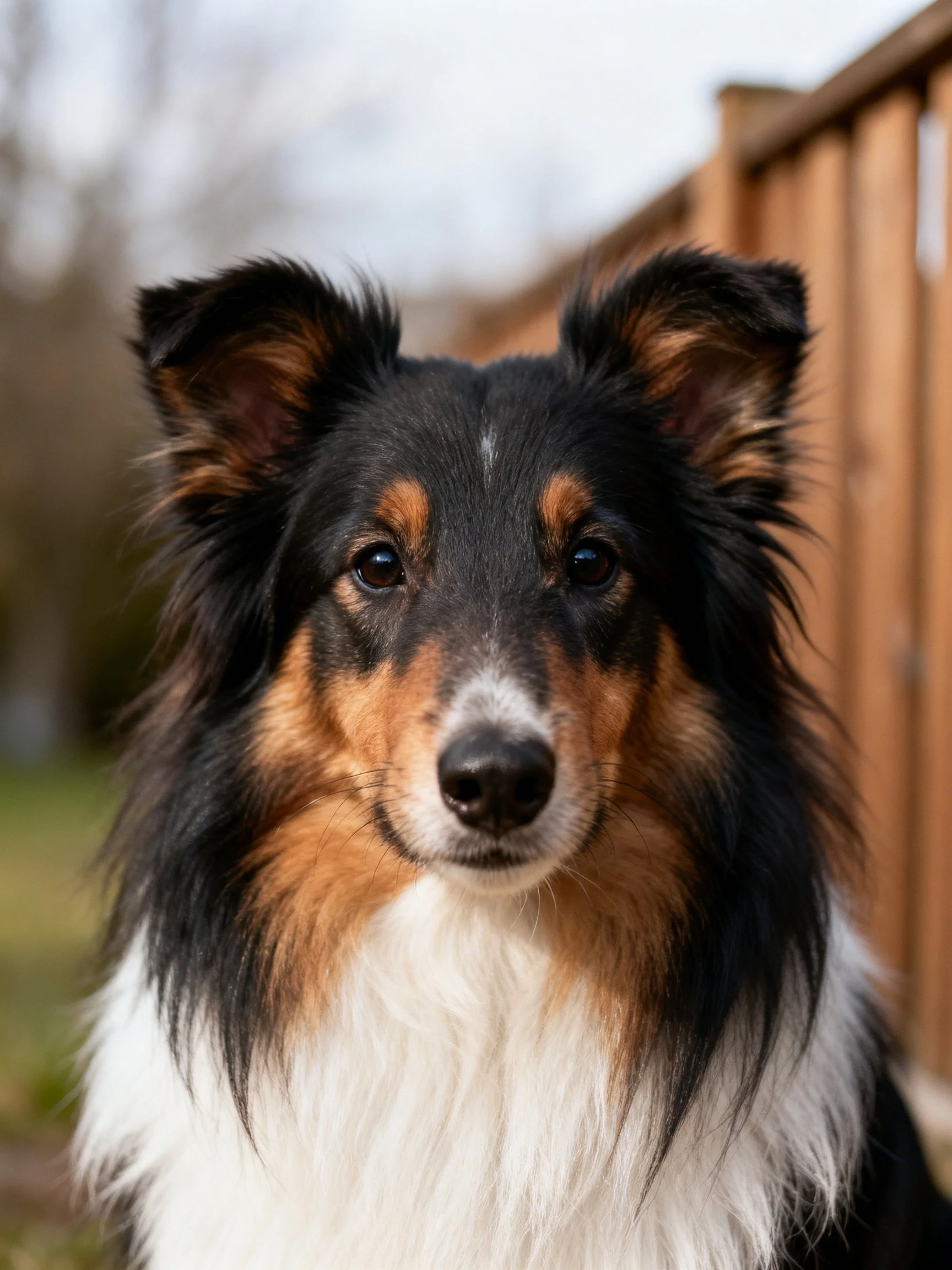 Tricolor Shetland Sheepdog with long dark and tan fur