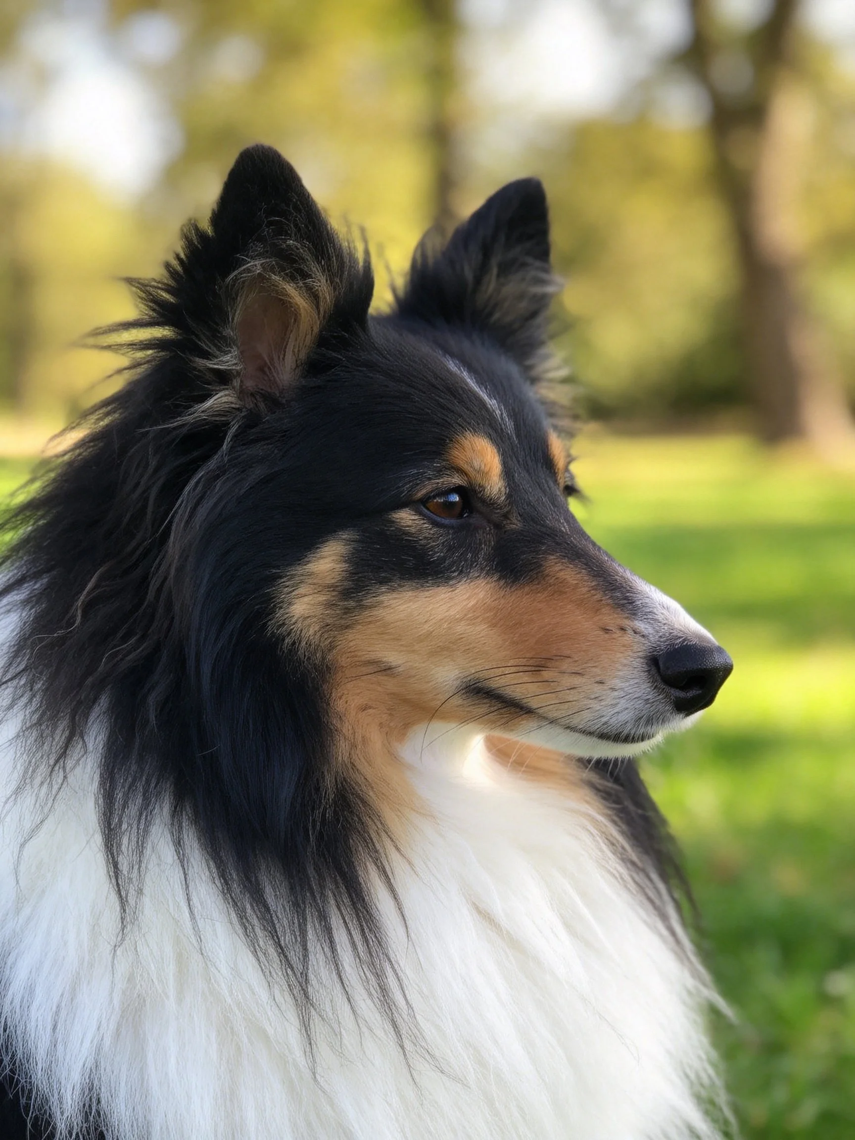A tricolor Shetland Sheepdog stands alert outdoors among greenery.