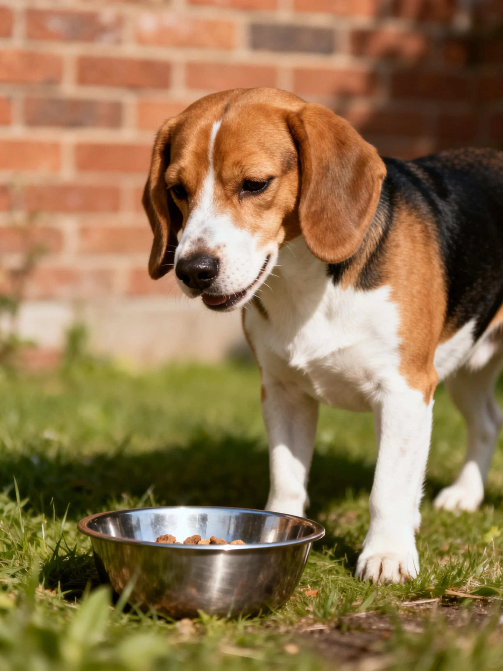 A tricolor beagle eats from a stainless steel bowl outside next to a brick wall.