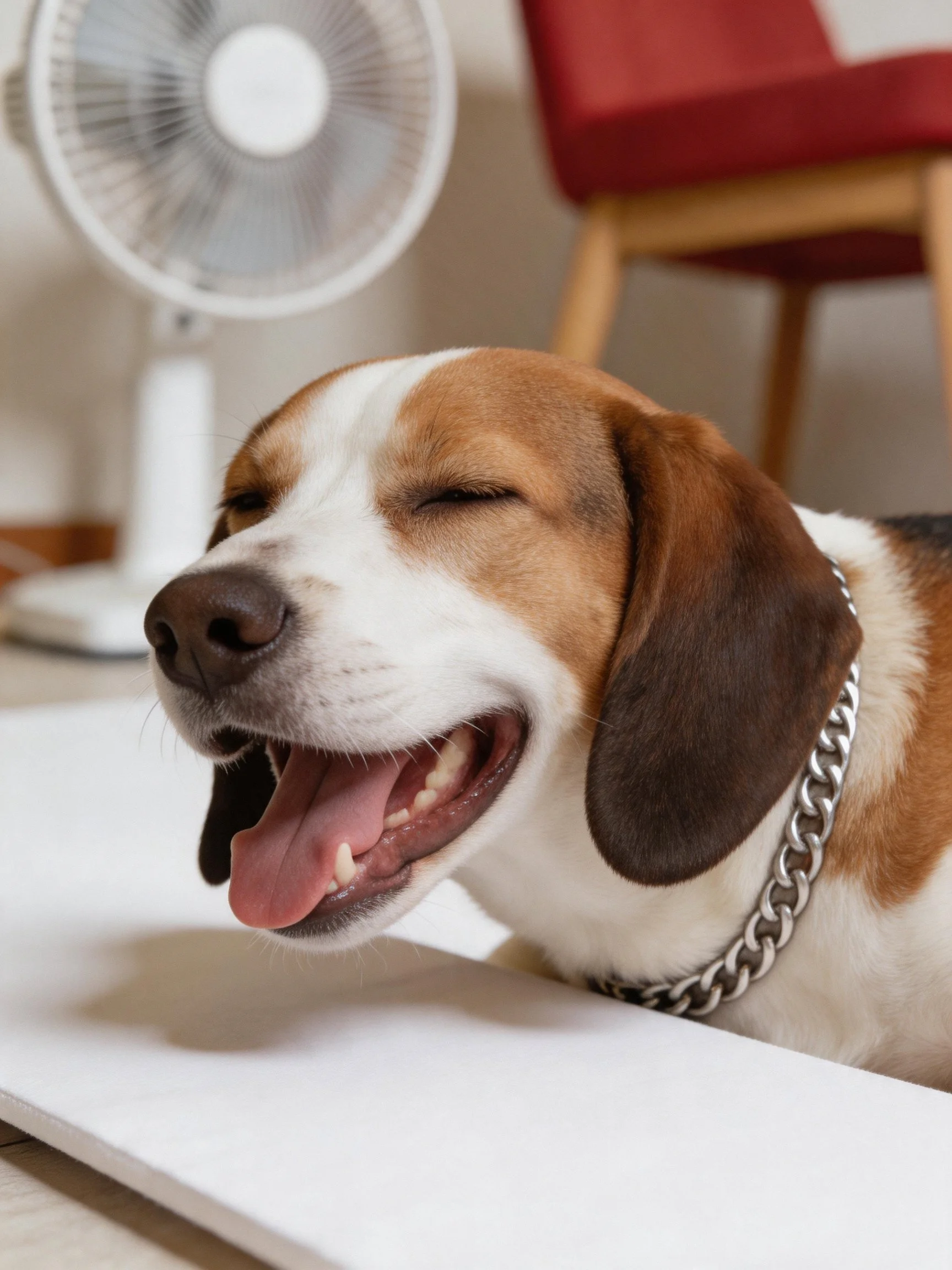 Tricolor beagle dog yawning near white fan and red chair