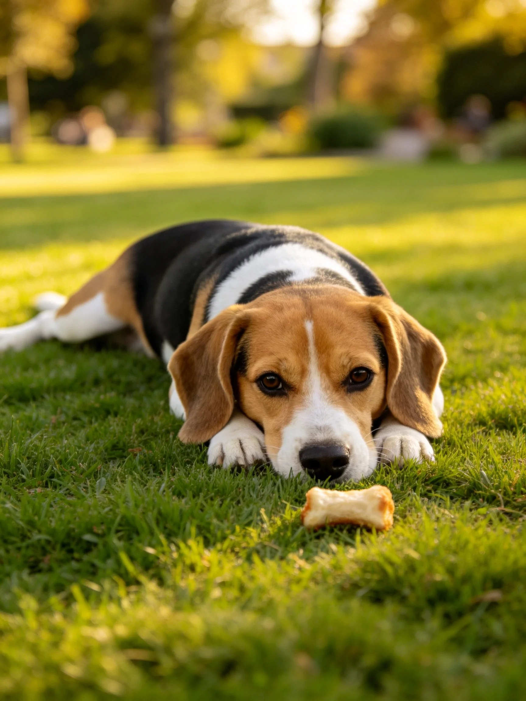 A tricolor beagle relaxes on grass with a bone nearby in a sunlit park.