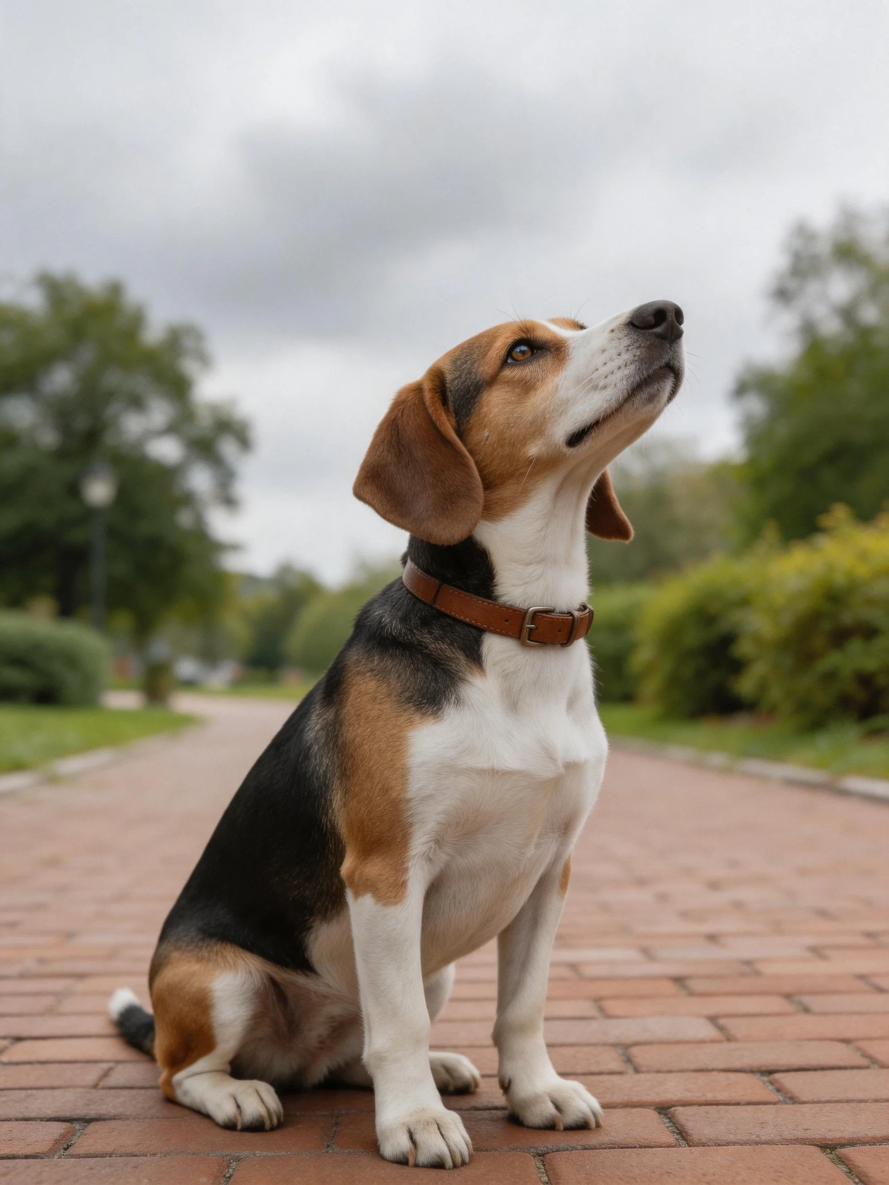 Tricolor beagle sits on brick path in park