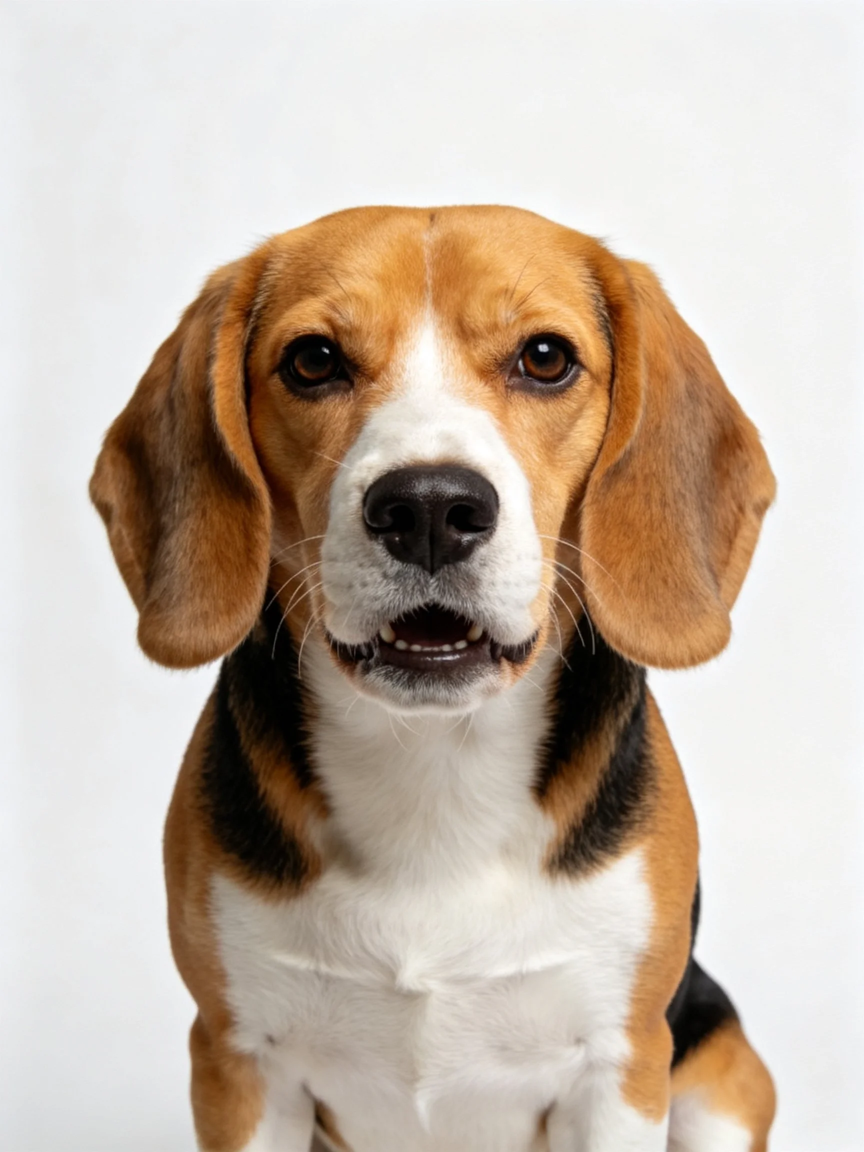 A tricolor beagle with large floppy ears sits against a plain white background.