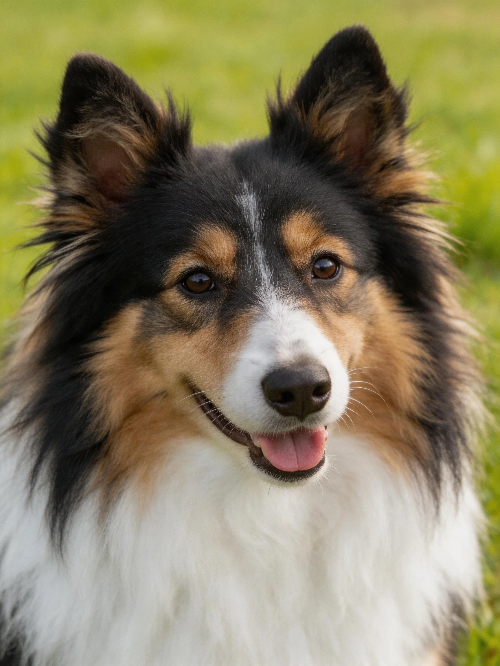 Tricolor-coated Sheltie with upright ears outdoors