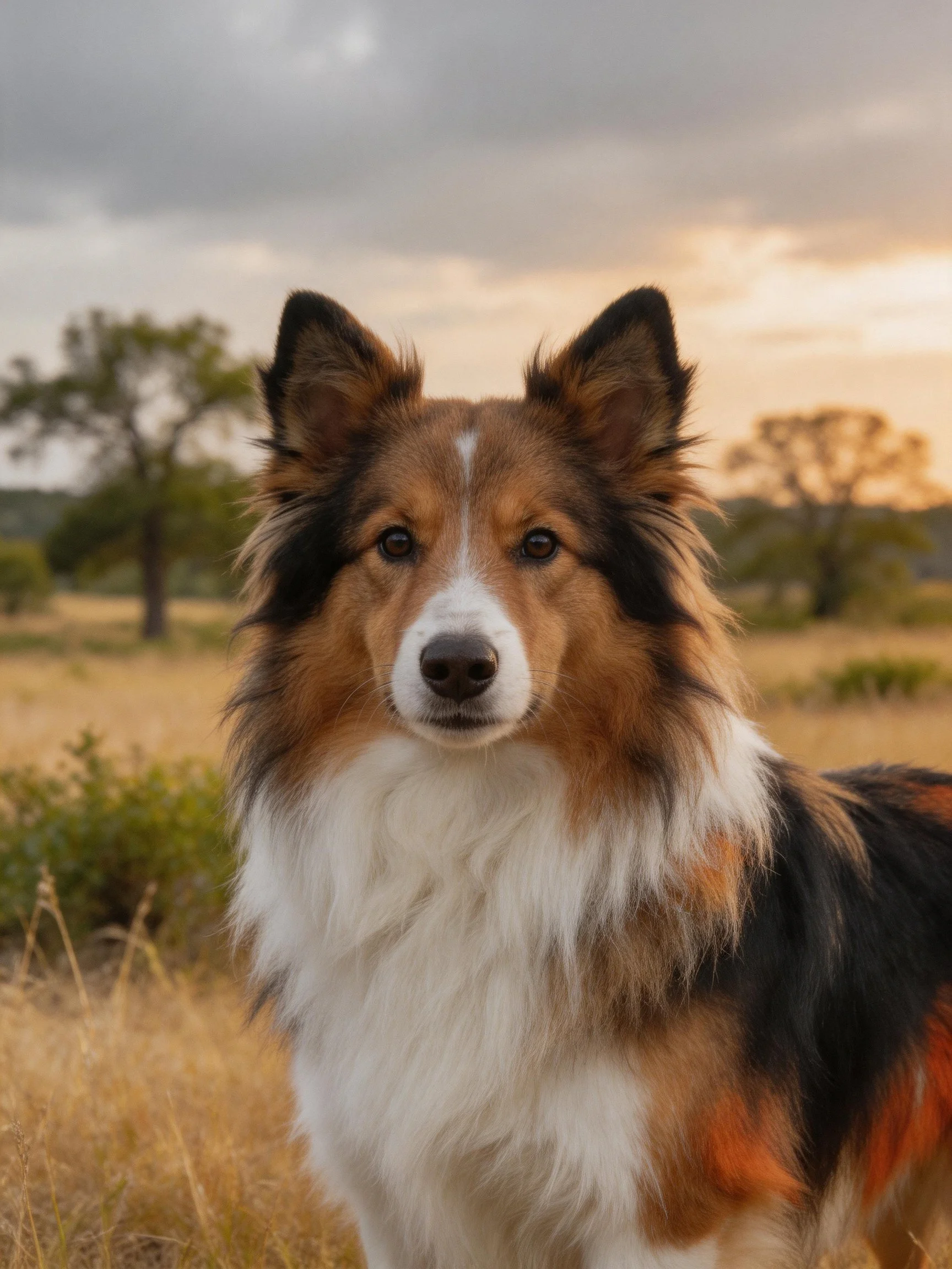 Tricolor - coated dog in a golden - hour countryside setting