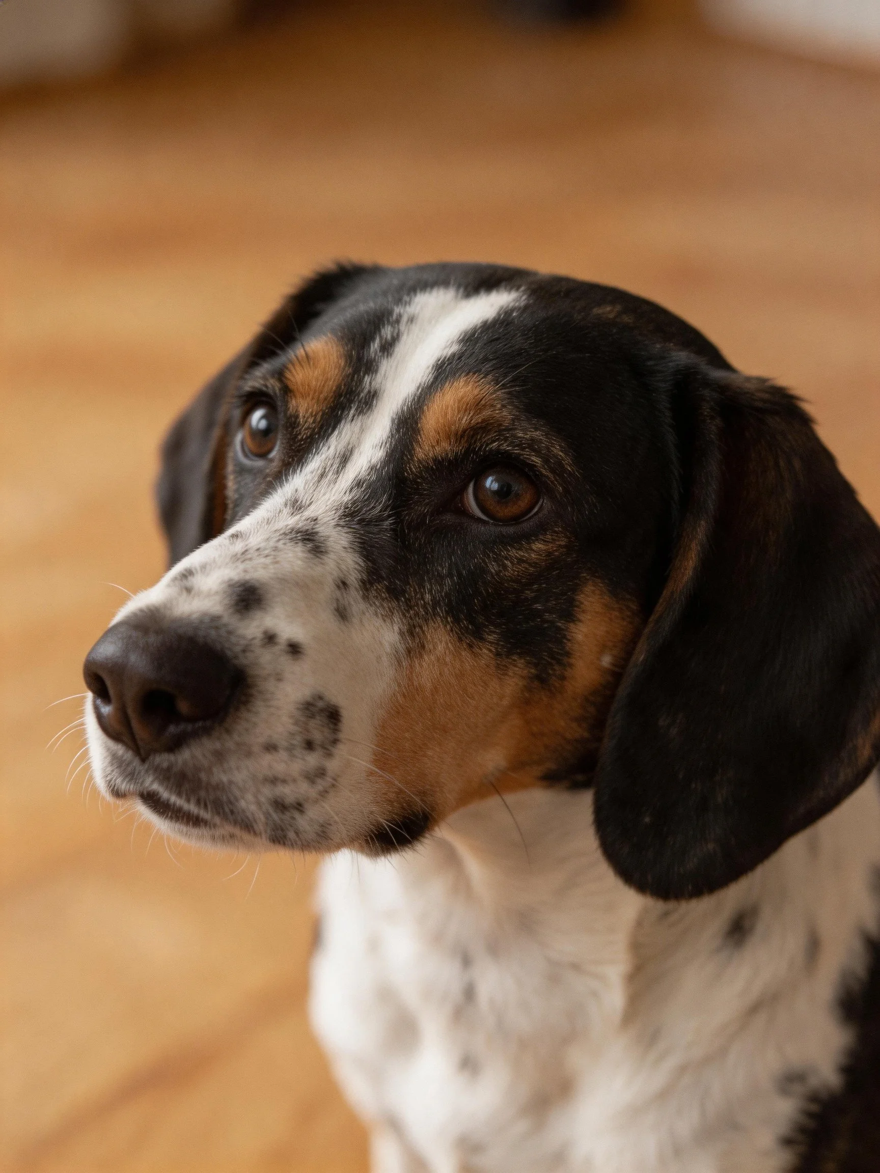 Tricolor-coated dog with droopy ears on wooden flooring