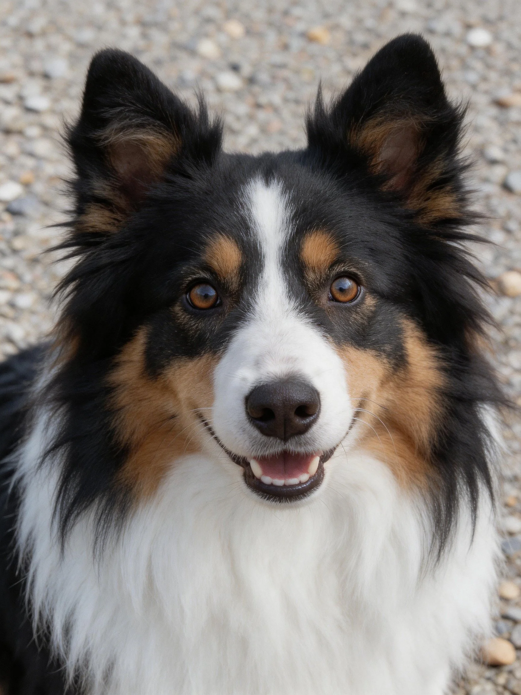 Tricolor-coated dog with upright ears and bright eyes