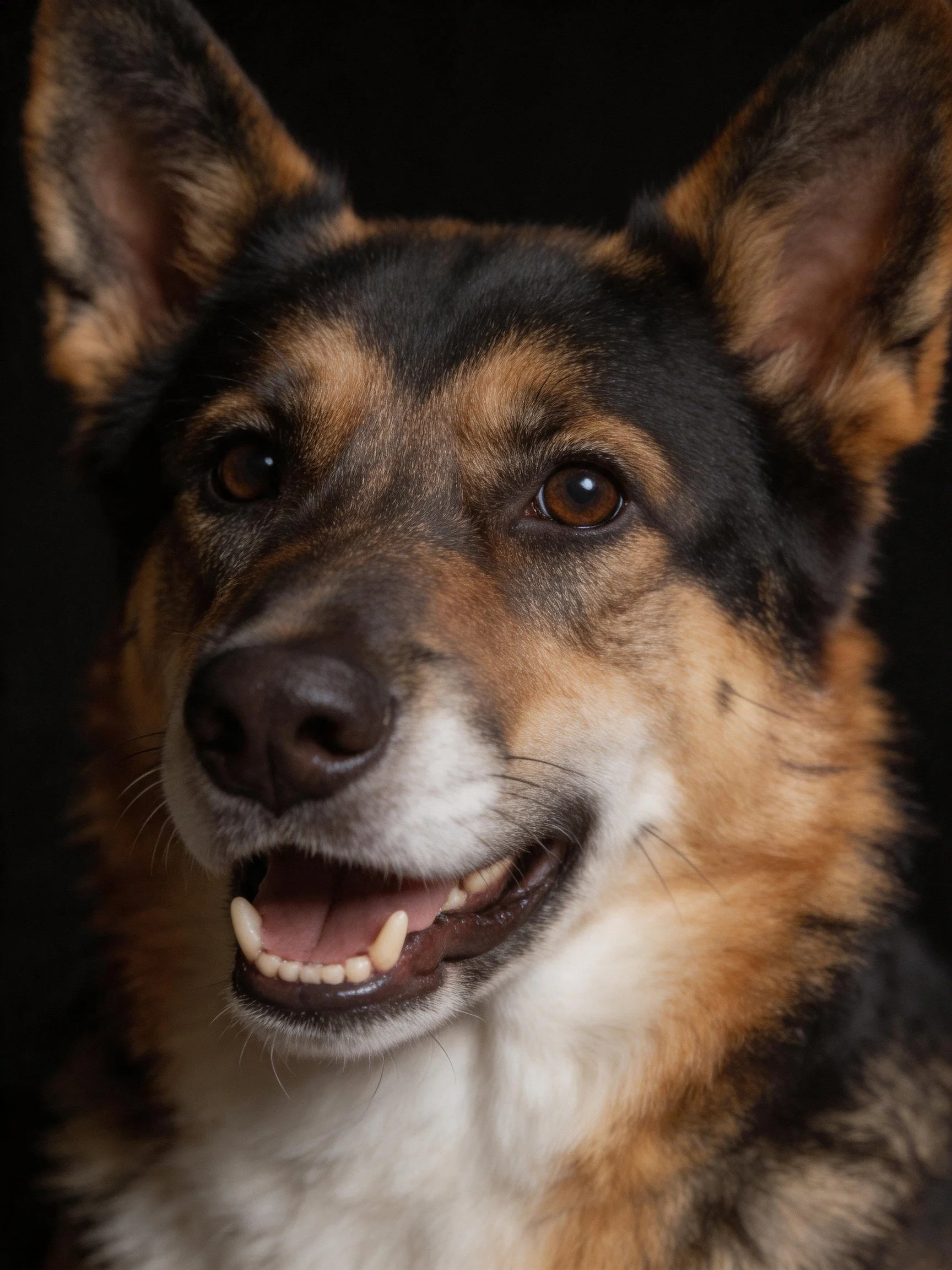 A tricolor dog with upright ears shows a joyful expression.