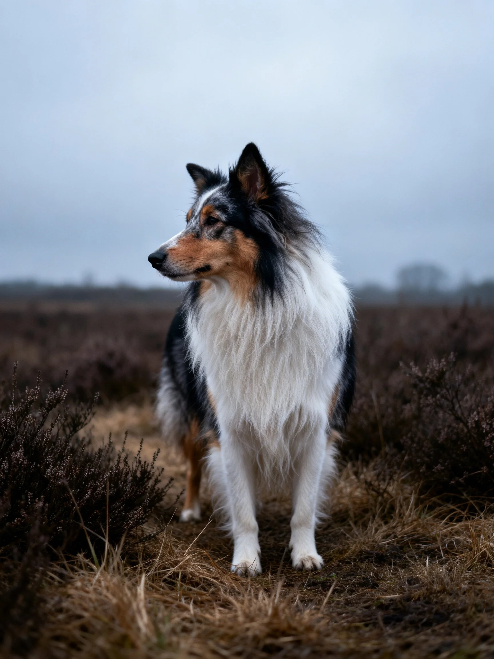 A tricolor collie stands amid heather in a misty outdoor area.