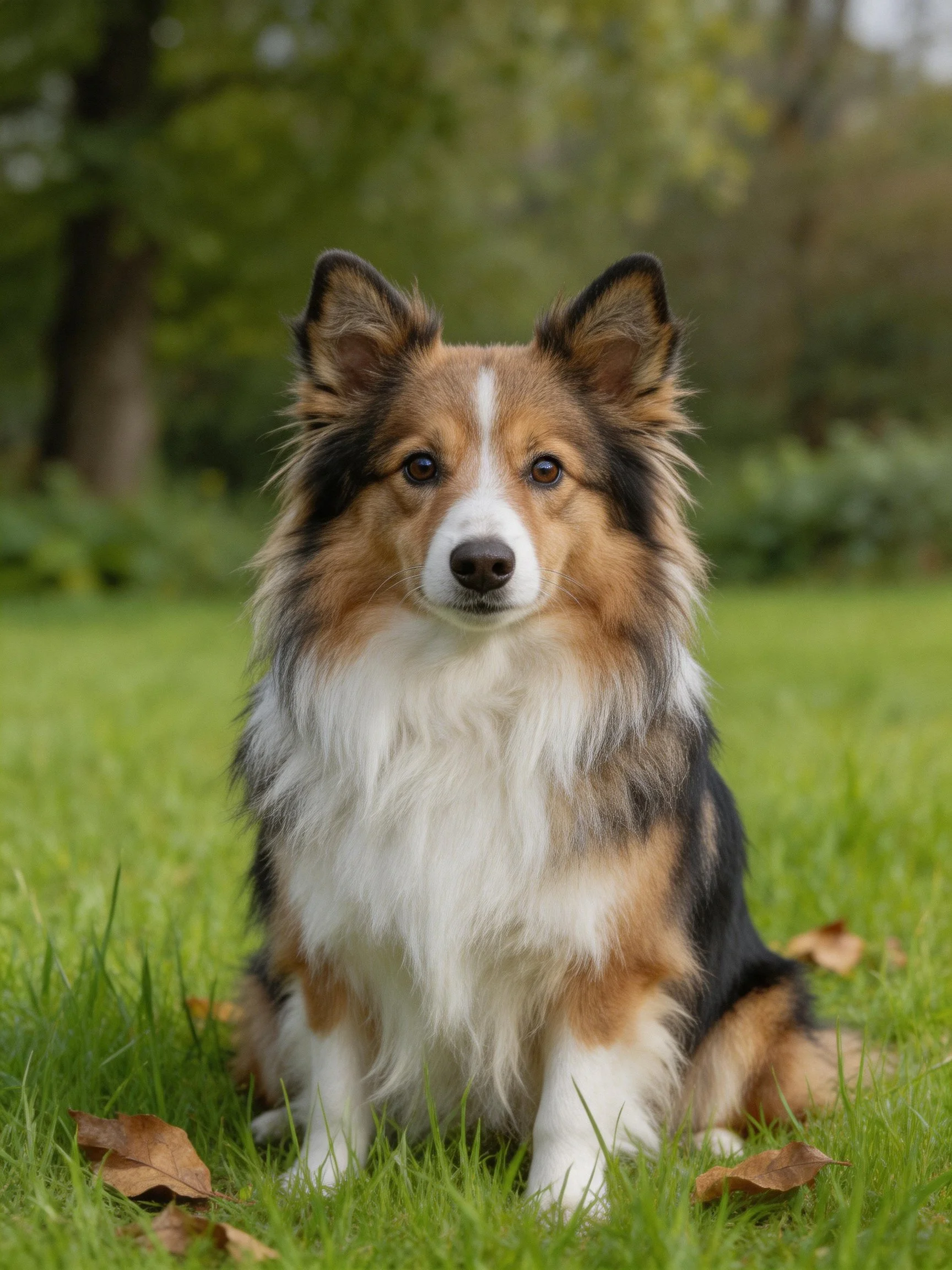 A tricolor collie sits peacefully on green grass in a natural landscape.