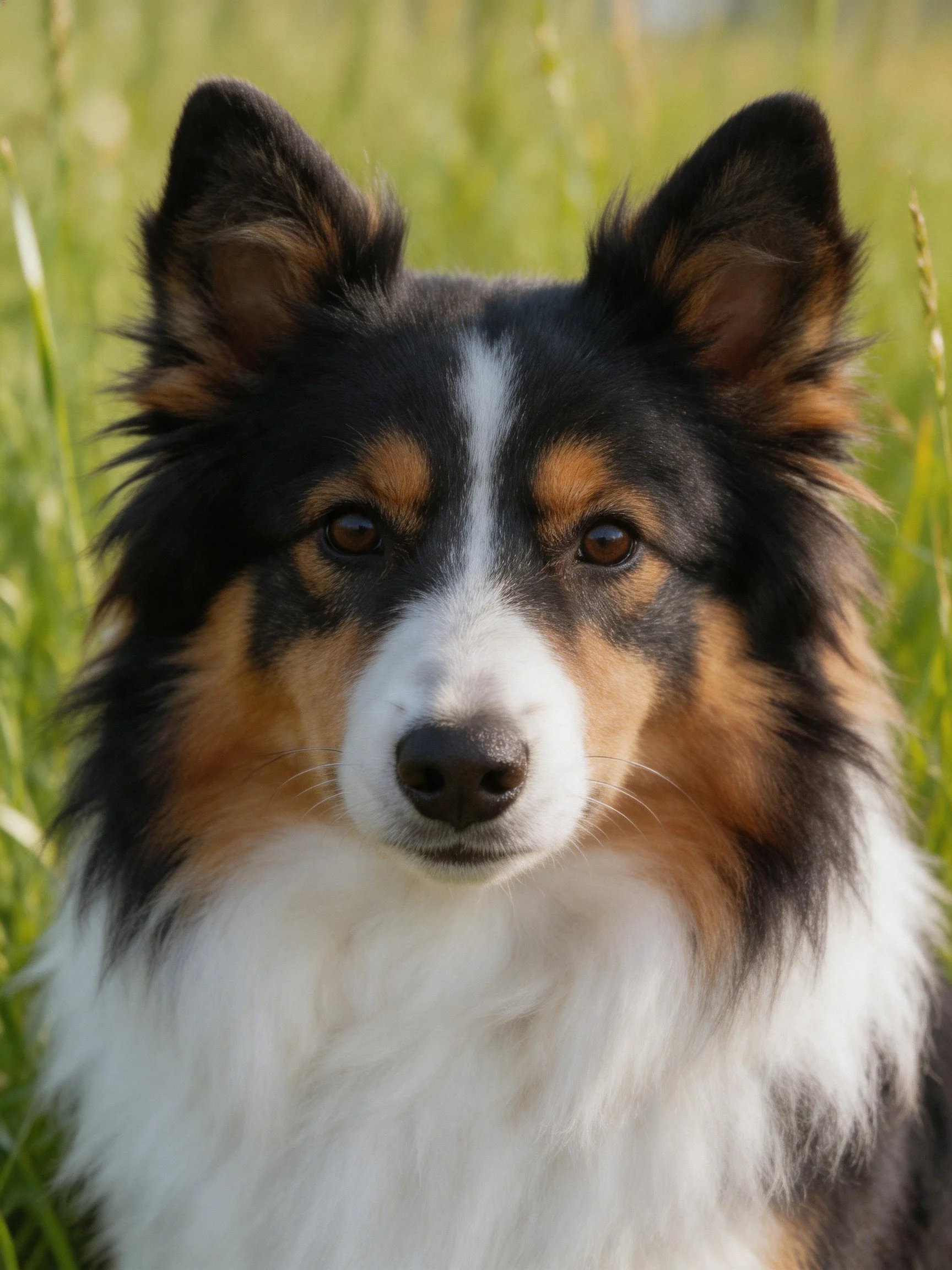 A tricolor collie sits calmly among tall green grass