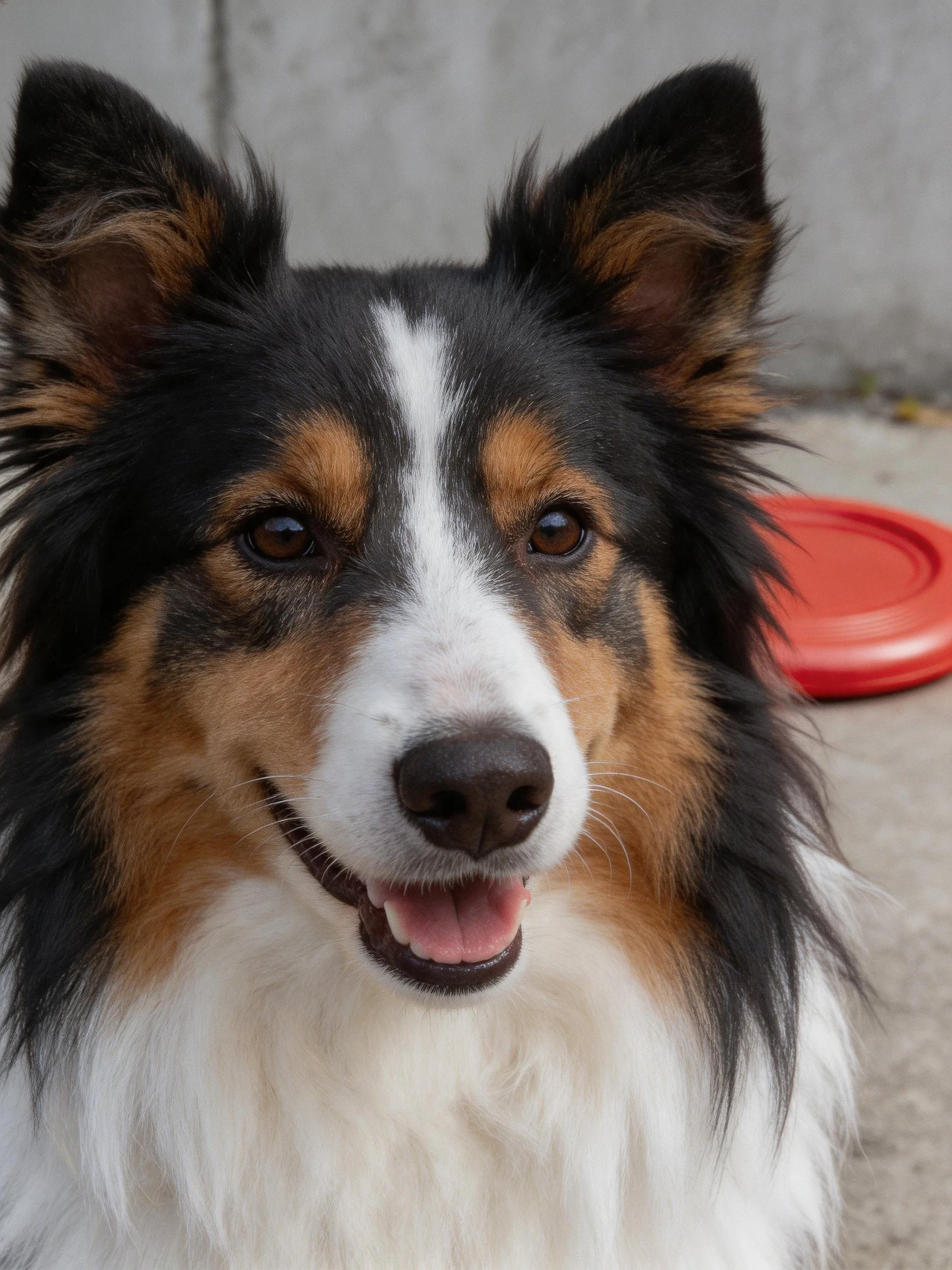 Tricolor collie with black, white, and tan fur beside a red frisbee