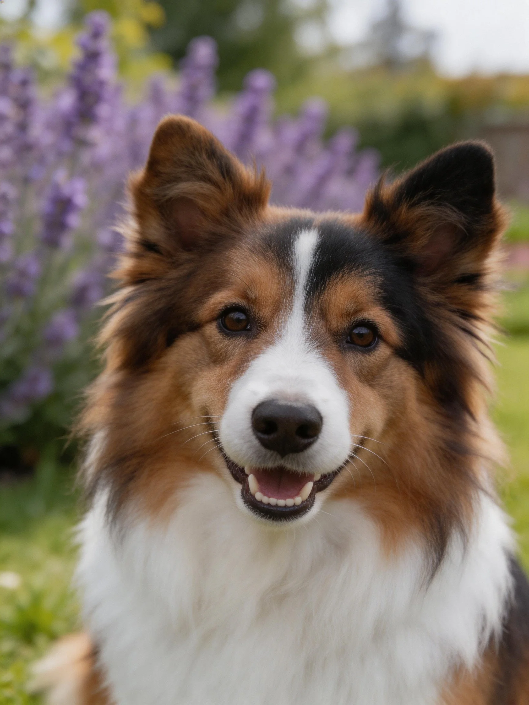 Tricolor collie stands near purple flowers in an outdoor setting.