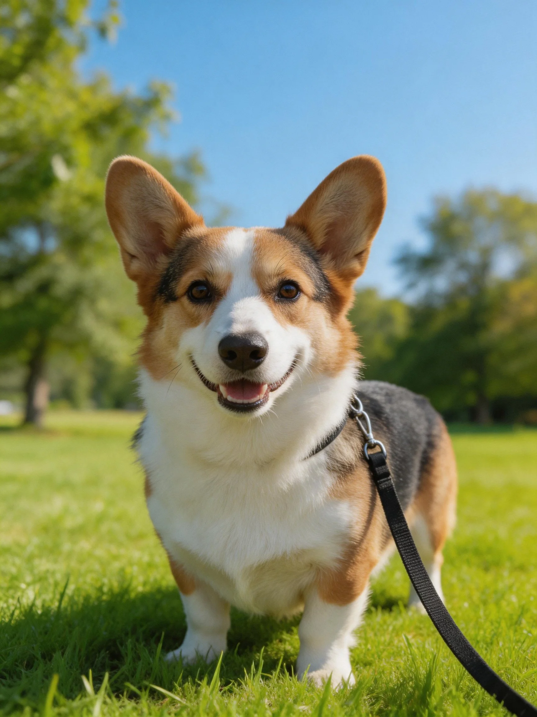 A cheerful tricolor corgi stands on green grass in a sunny park.
