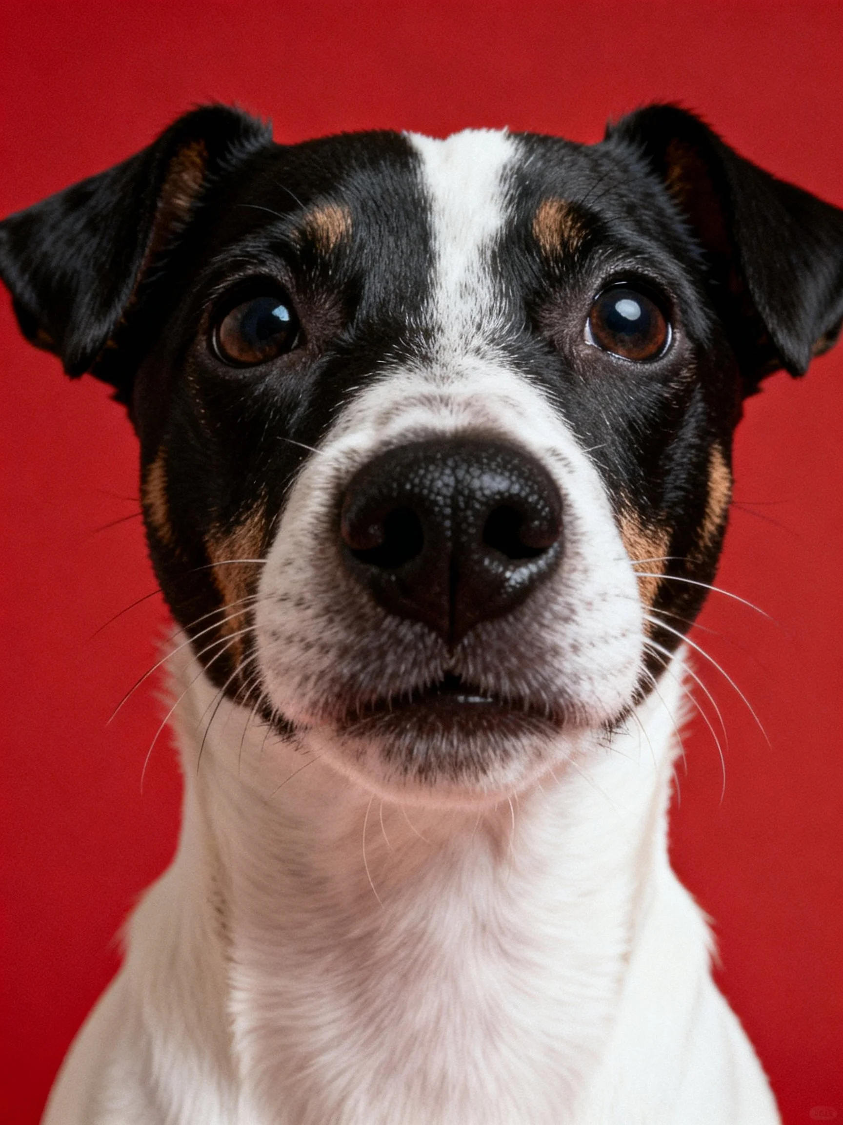 A tricolor dog looks directly at the camera with a solid red background.