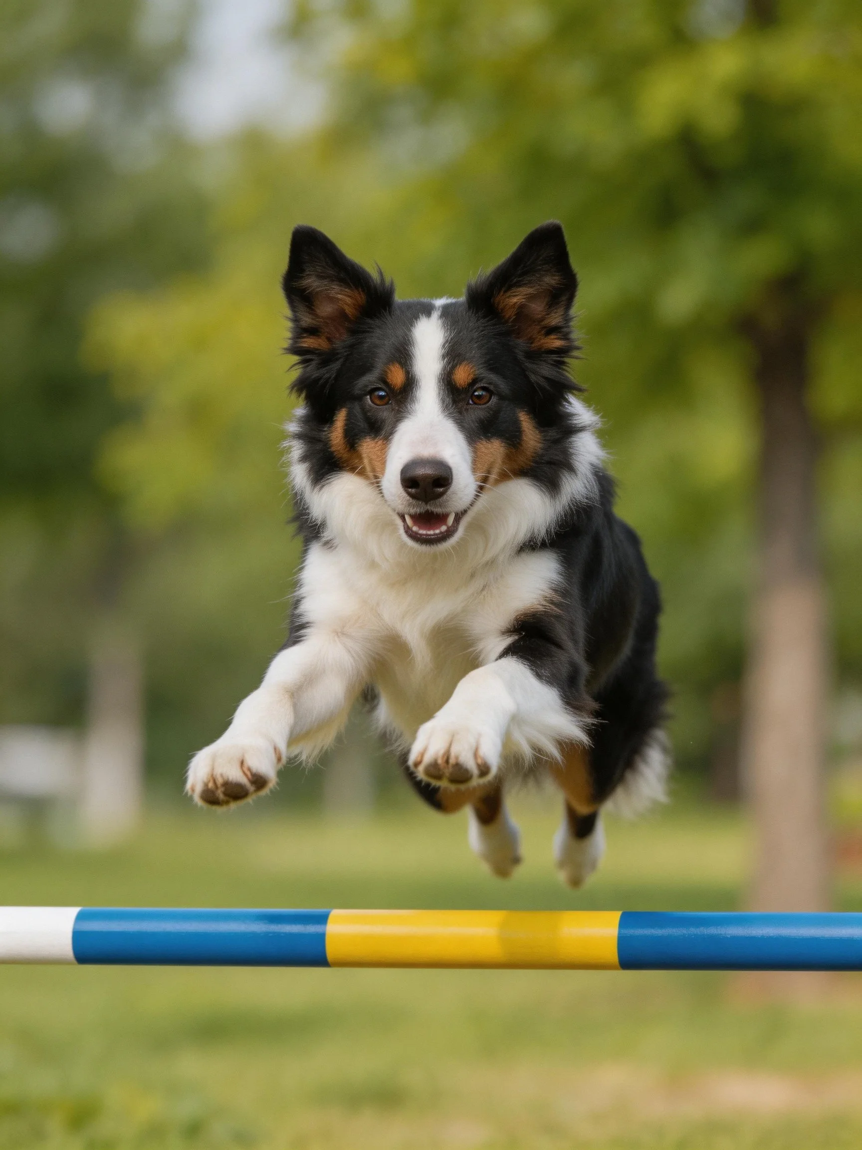 A tricolor dog jumps over a blue-yellow obstacle in a park.
