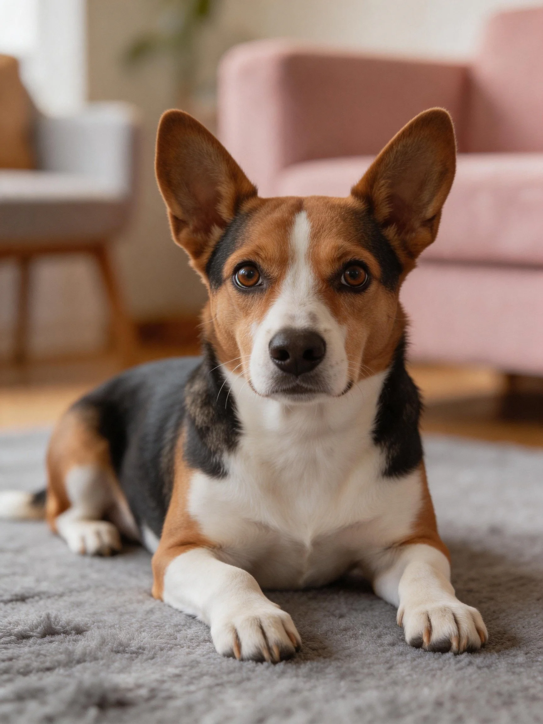 Tricolor dog lounges on gray rug with pink sofa