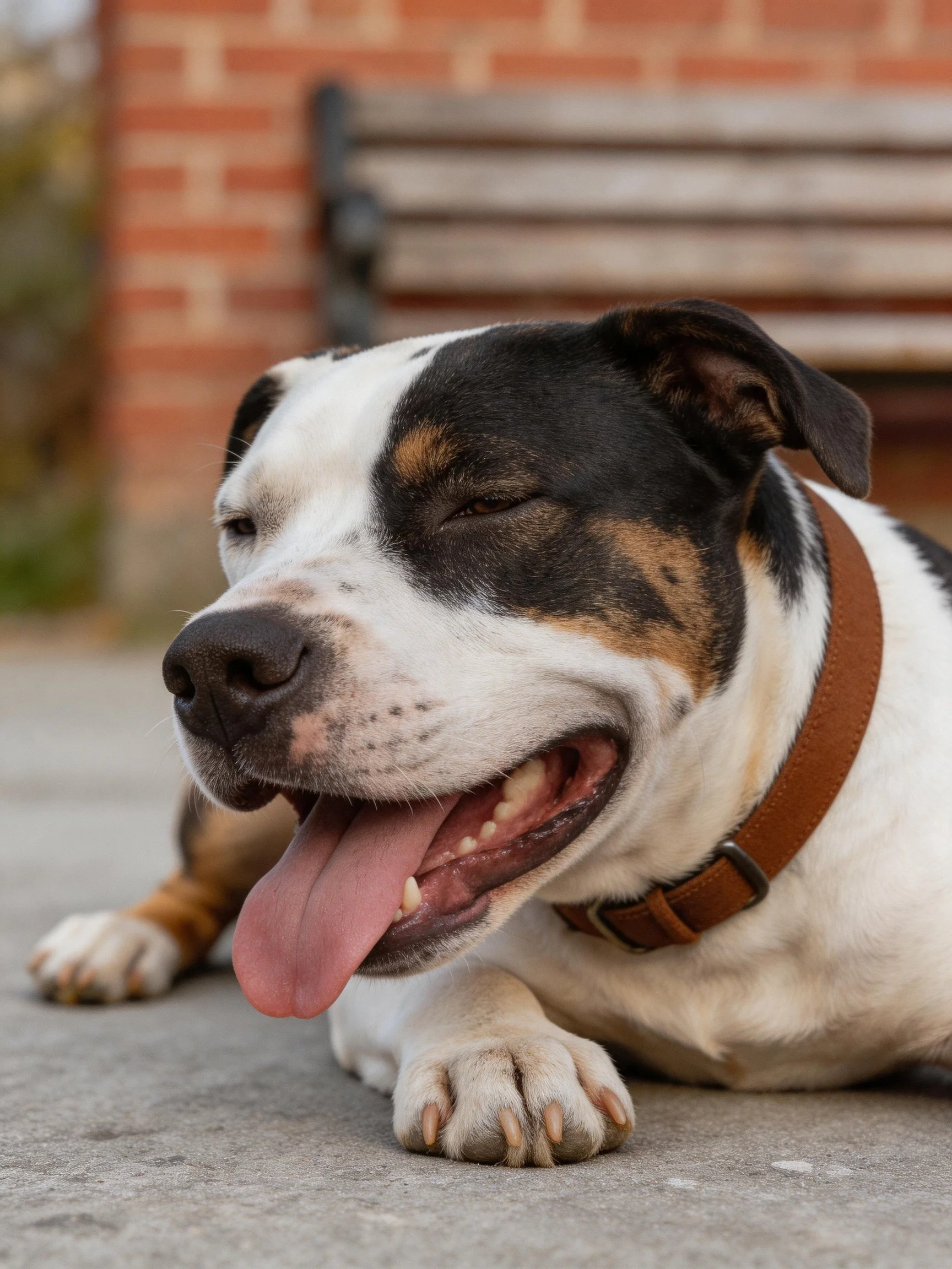 Tricolor dog lounging with tongue out by brick wall and bench