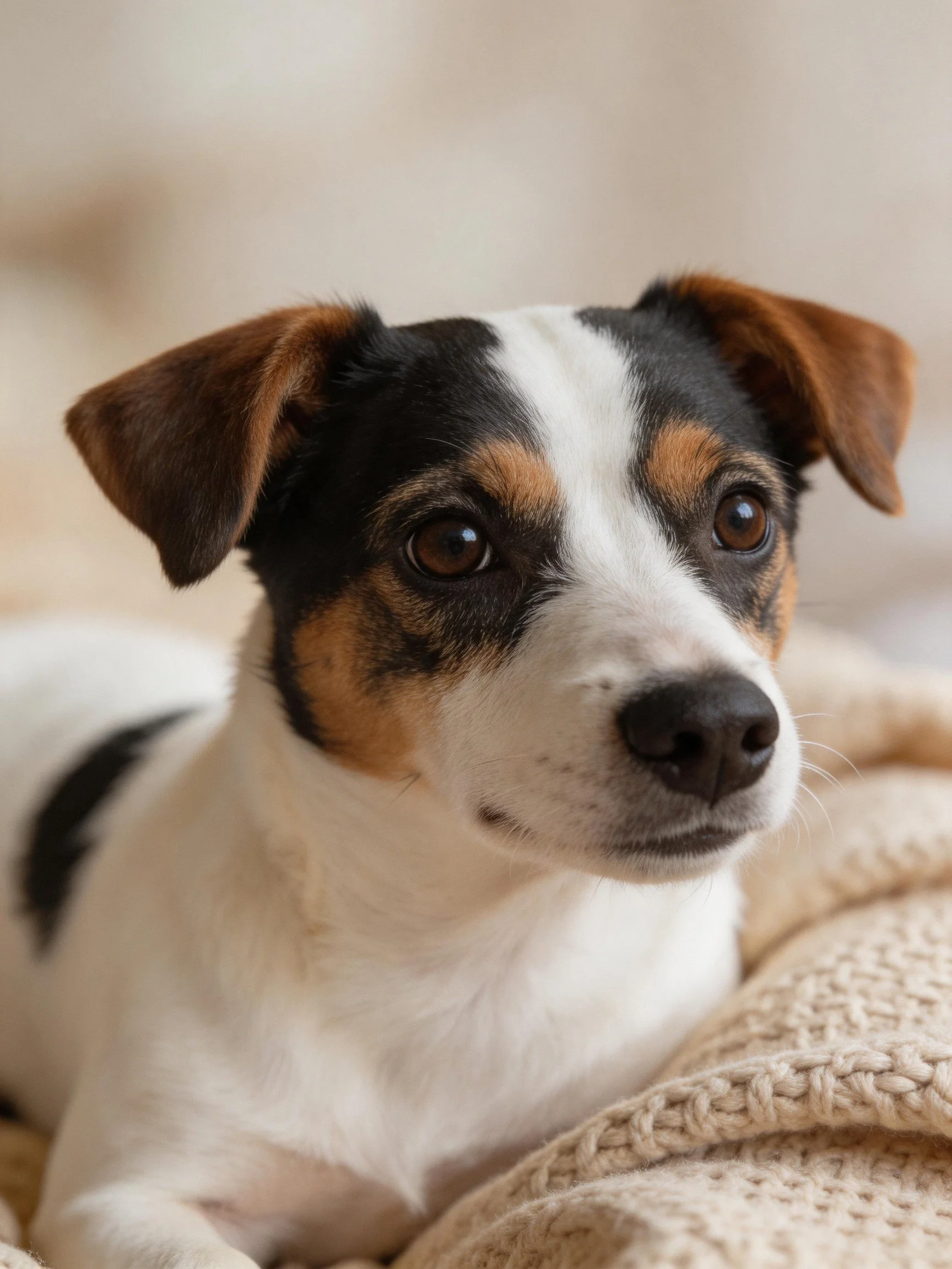 A tricolor dog lies comfortably on a soft beige blanket indoors.