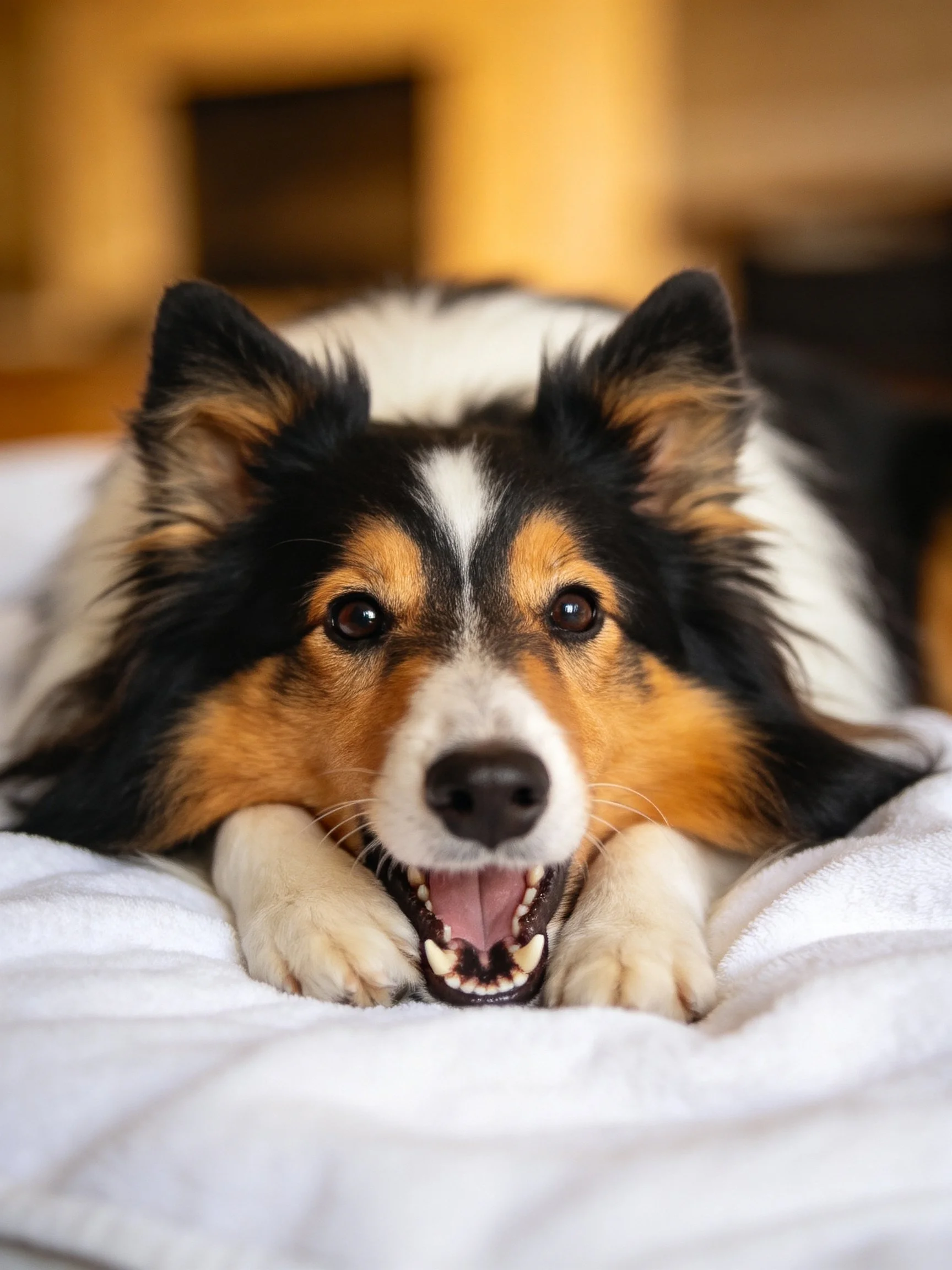 A tricolor dog rests on white fabric with mouth open.