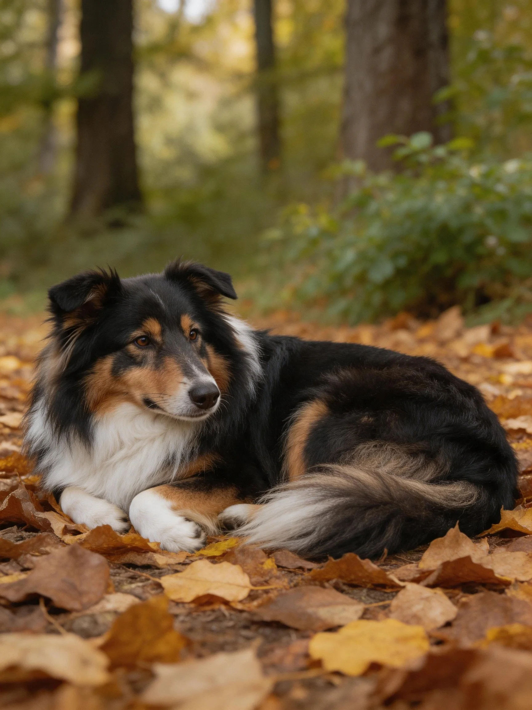 A tricolor dog relaxes on autumn leaves in a forest