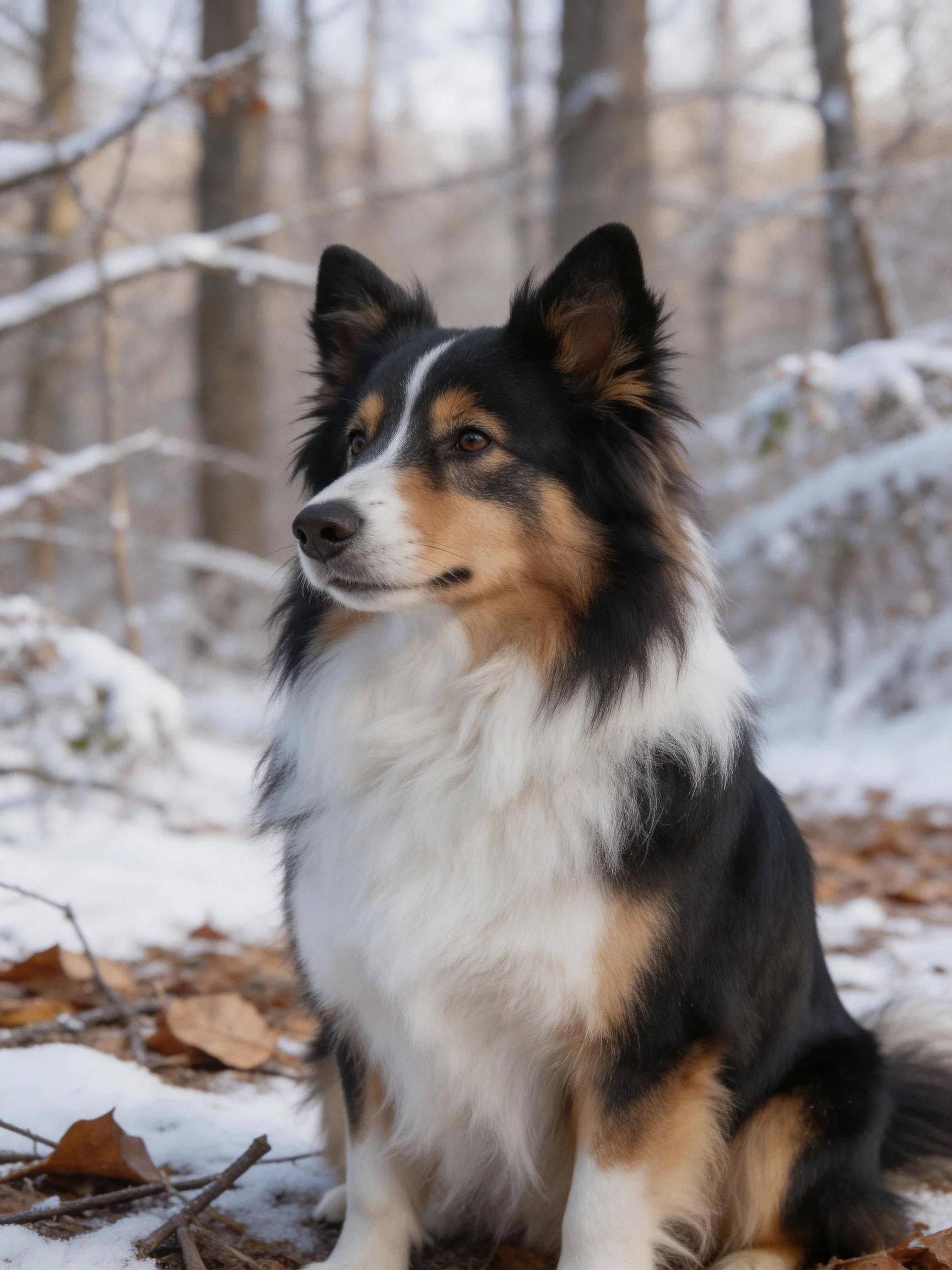 Tricolor dog sitting by snow-dusted trees with fallen leaves