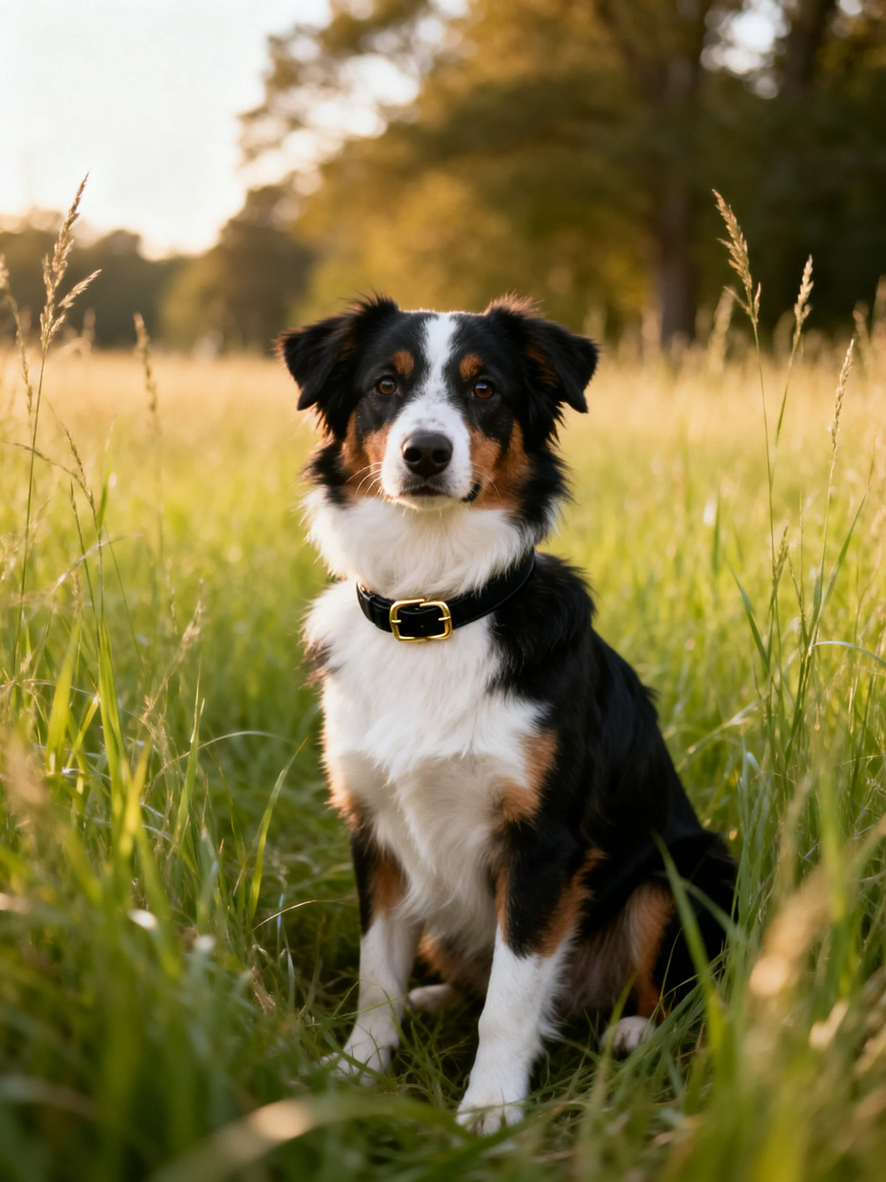 A tricolor dog sits calmly amid tall grasses near trees.