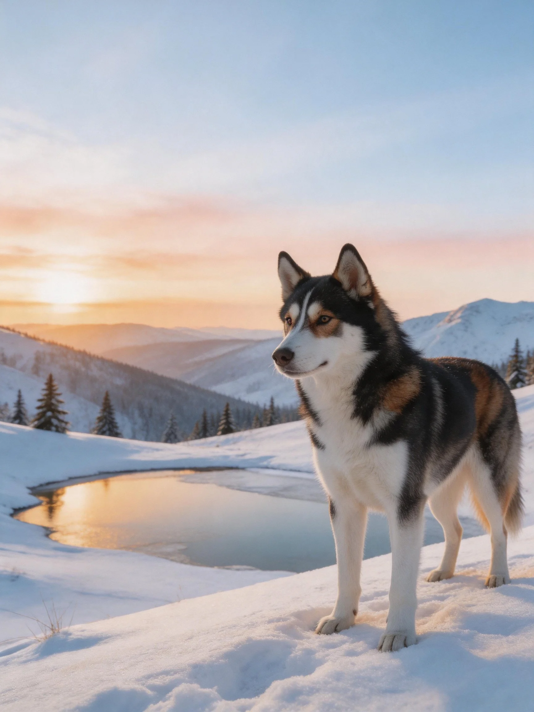 A tricolor dog stands on snow near a frozen pond with mountains under a sunset sky.