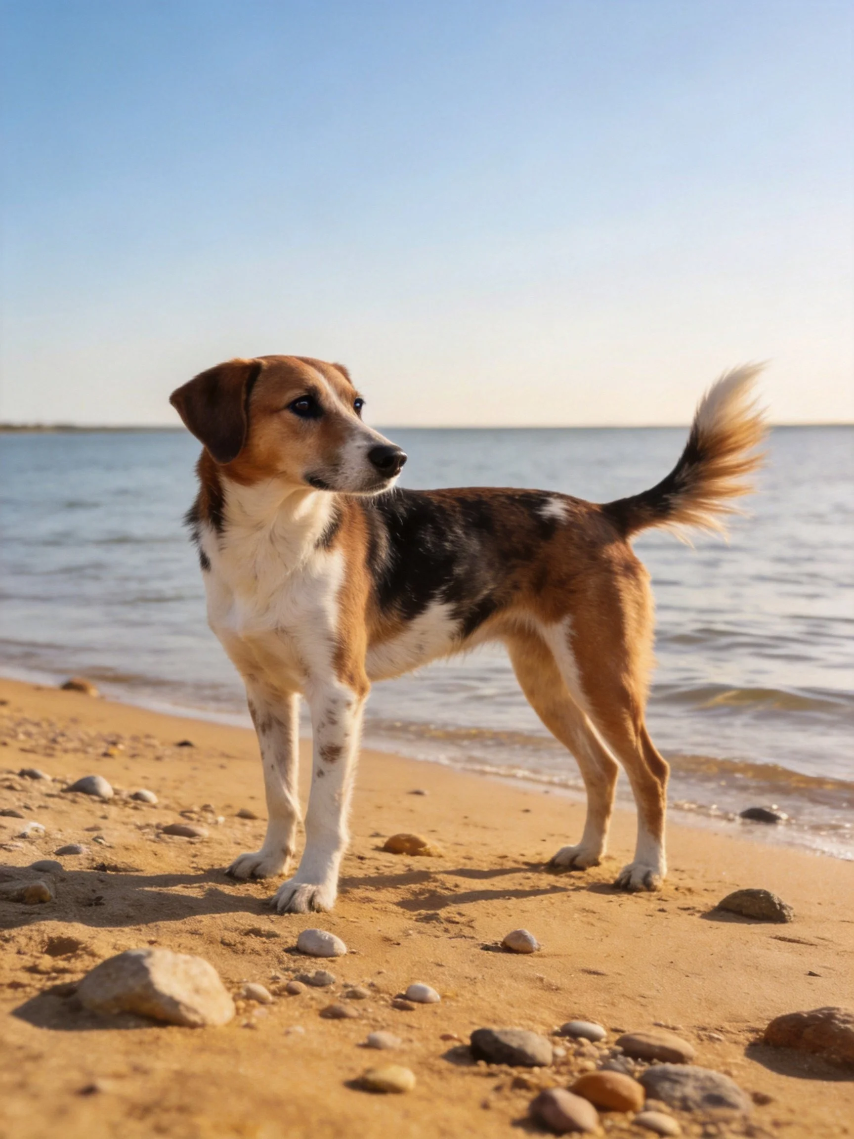 Tricolor dog stands alert on a sandy shore near calmwaters