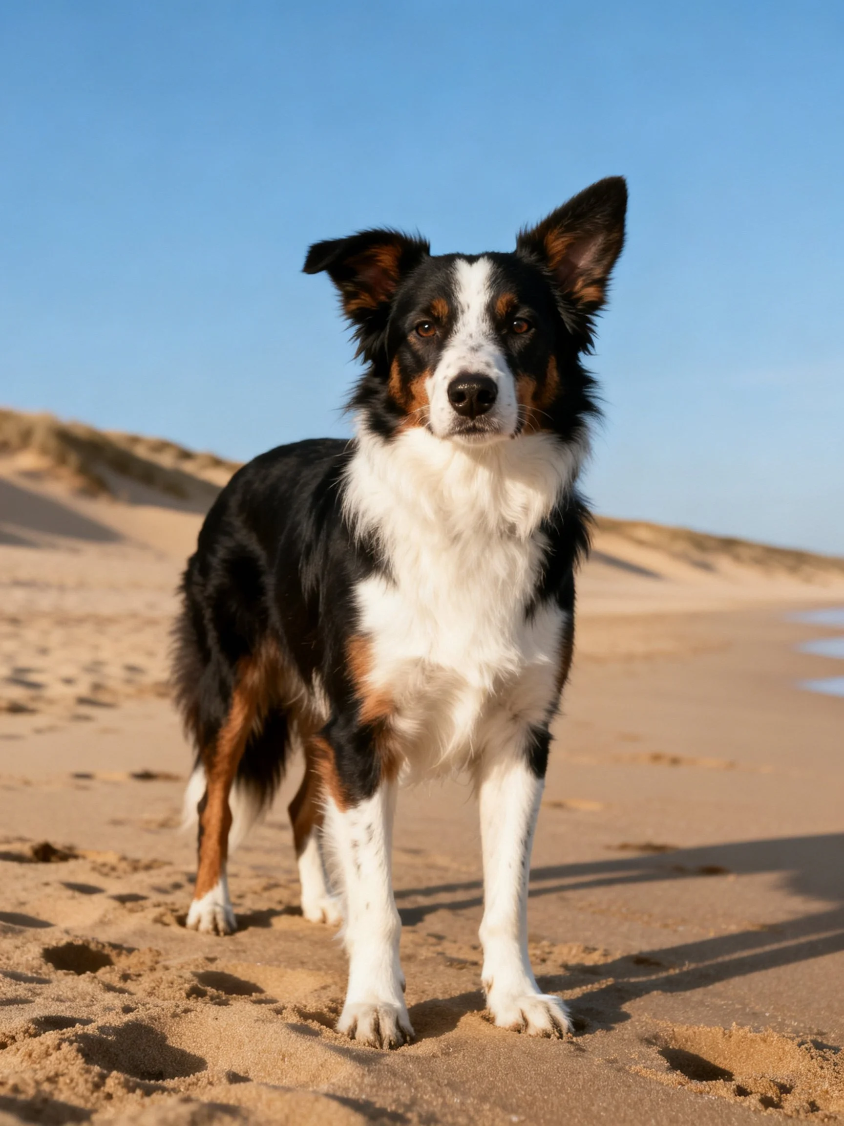 Tricolor dog stands alert on sandy beach near sand dunes