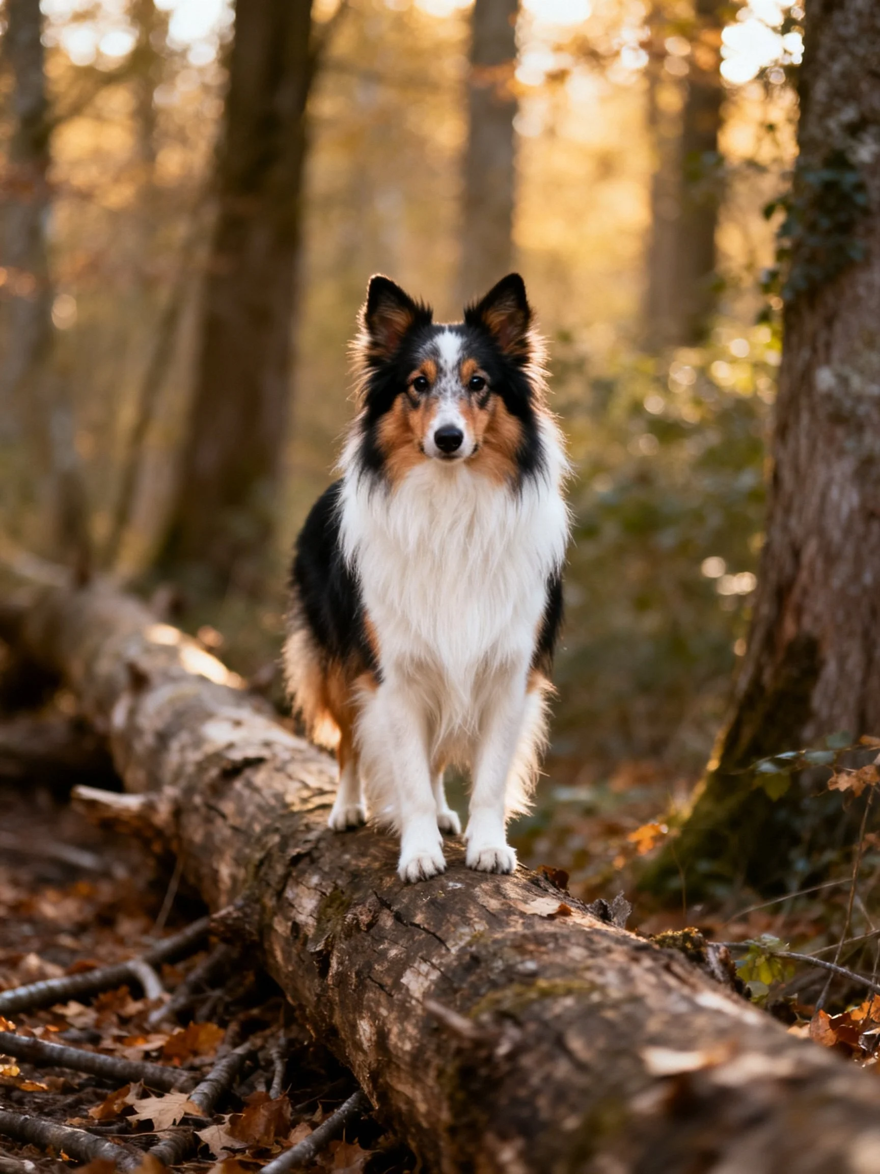 Tricolor dog stands on a fallen log in a sunlit forest