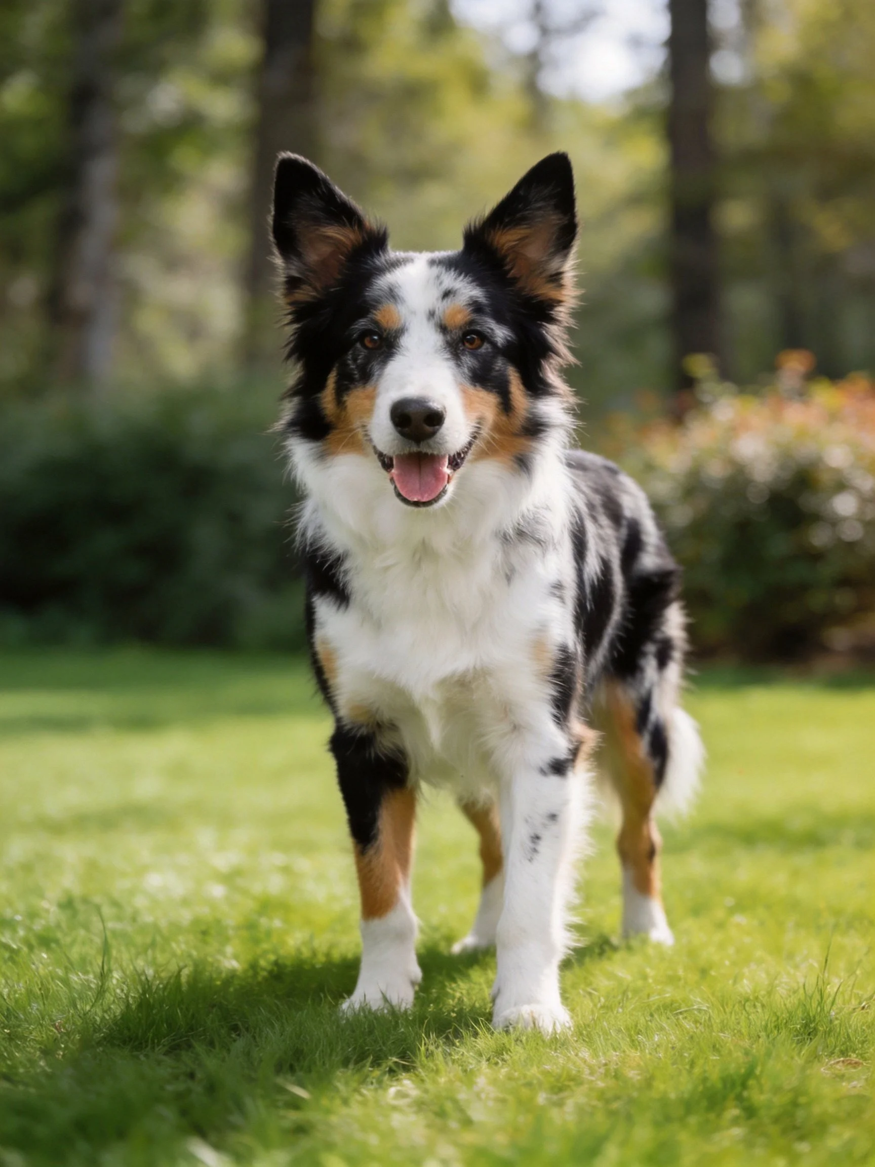 A tricolor dog stands on grass in a sunlit outdoor environment.
