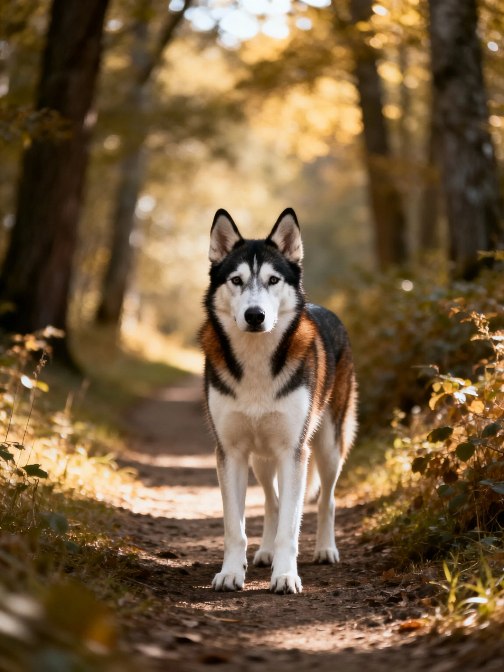 A tricolor dog stands alertly on a sun-dappled forest trail.