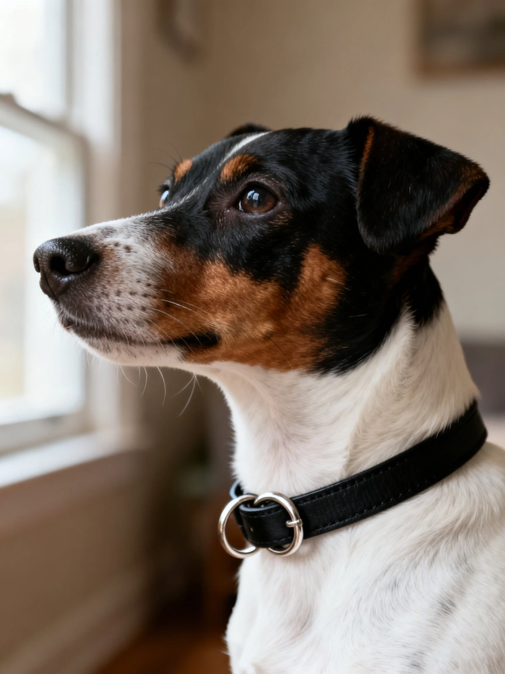 A tricolor dog gazes out a bright window while wearing a black collar