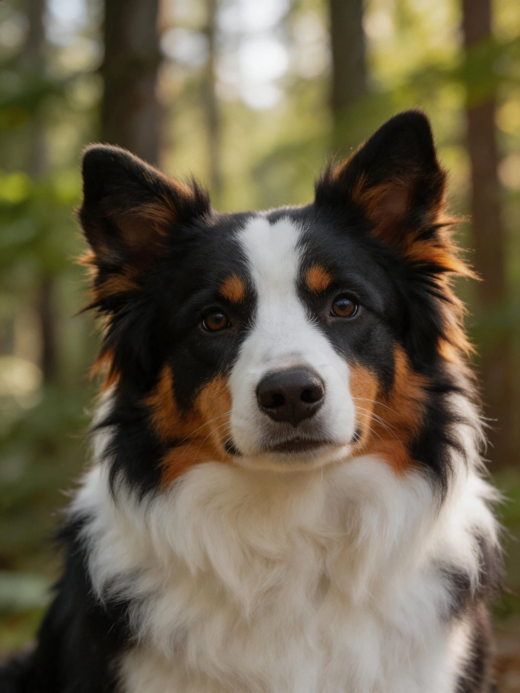 A tricolor dog is centered amid a softly blurred forest backdrop.