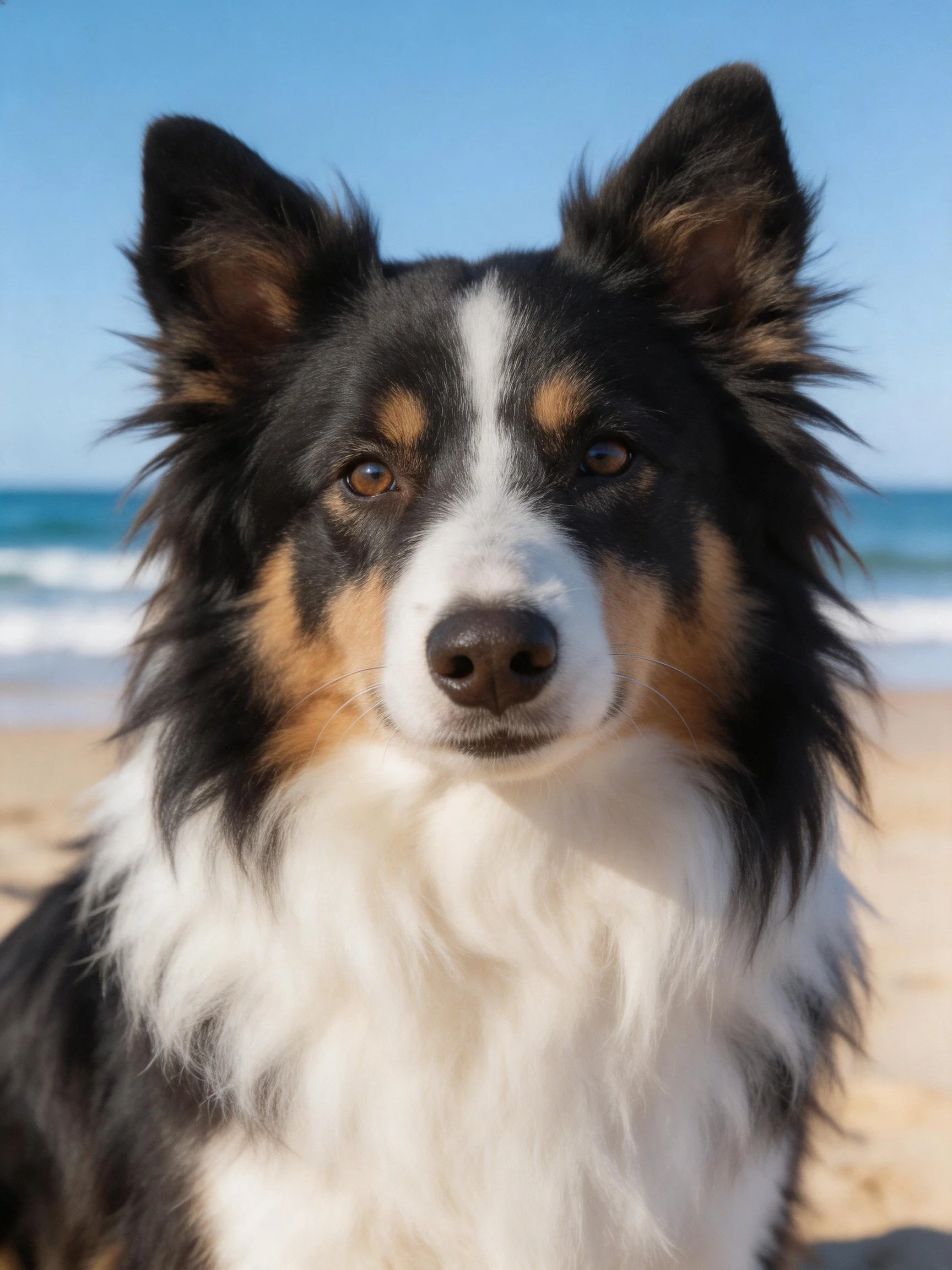 A tricolor dog stands on a sandy beach near the ocean.
