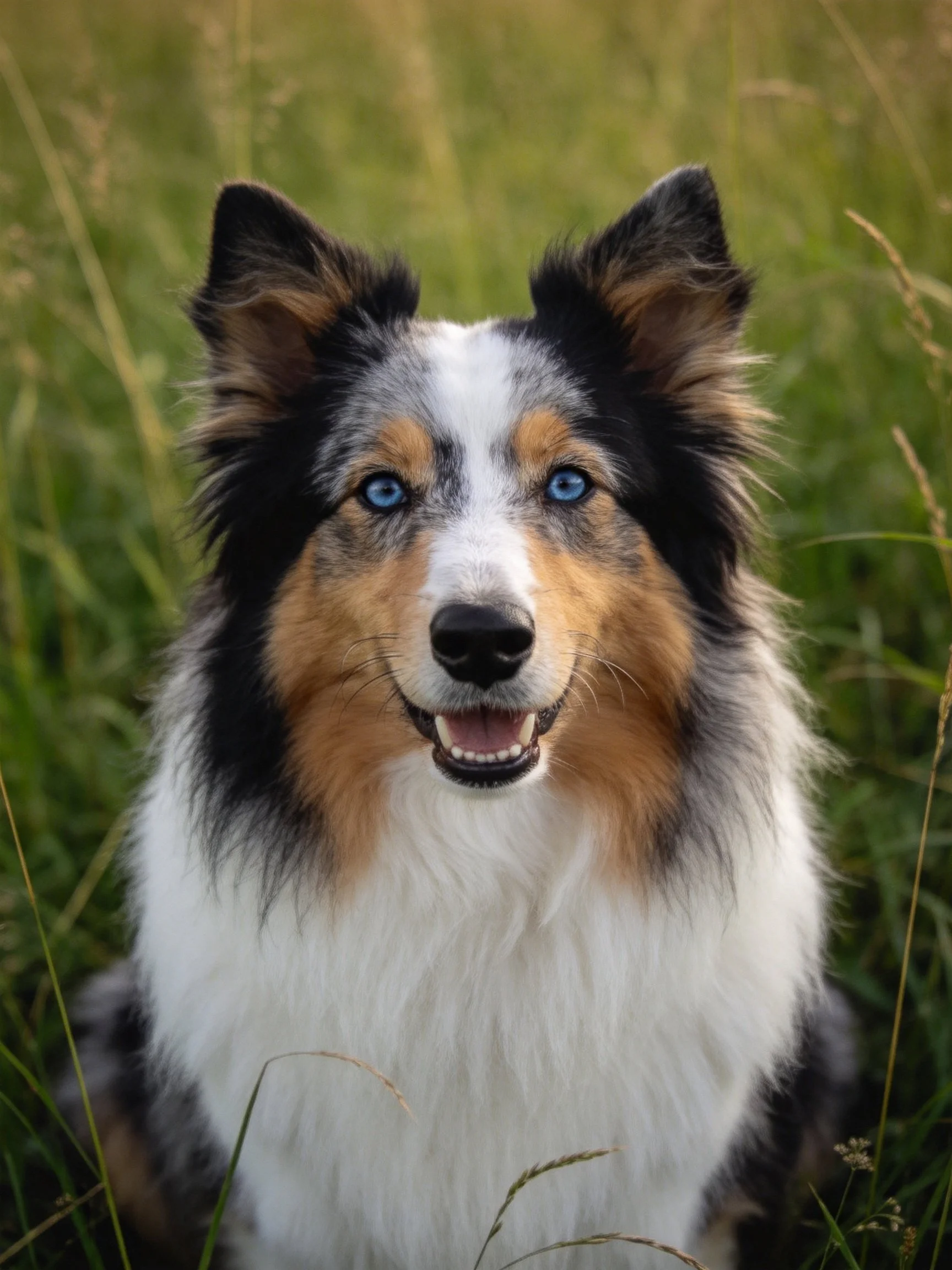 A tricolor dog with blue eyes is depicted among tall green grass.